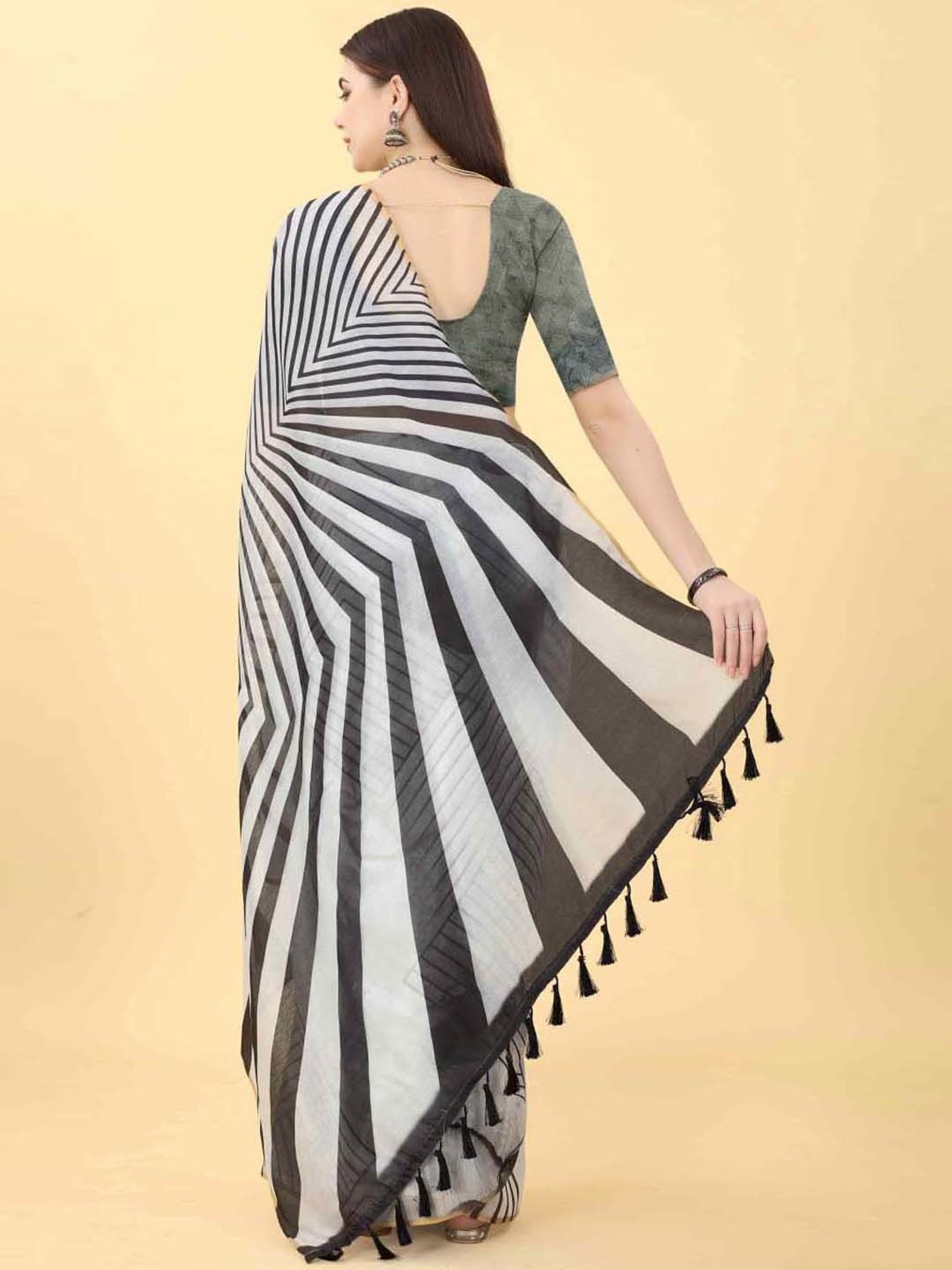 Silk Land White & Black Printed Saree With Unstitched Blouse