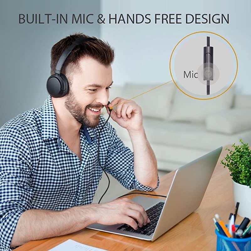 Superb Sound Wired On Ear Headphones with Microphone, 1.5M / 4.9FT Long Cord with Mic for Adults, Students, Kids, Comfortable Headset for PC Computer, Laptop, Tablet, Phone - 026 Black