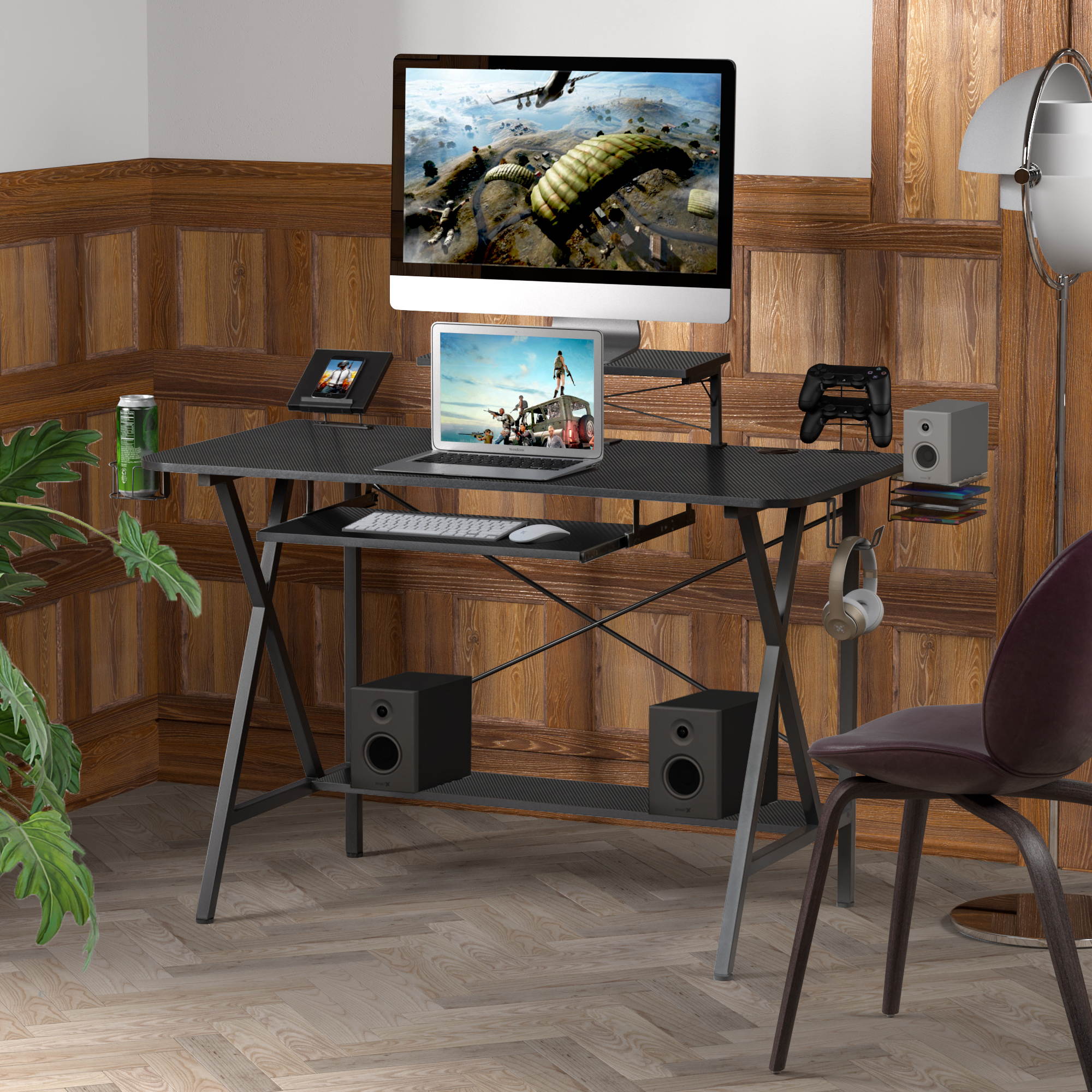 43'' Z-Shaped Gaming Desk E-Sport Gamer Workstation Ergonomic PC Gaming Table with LED Lights,Large Carbon Fiber Surface,Game Handles Holder,Cup Holder,Headphone Hook and Cable Management