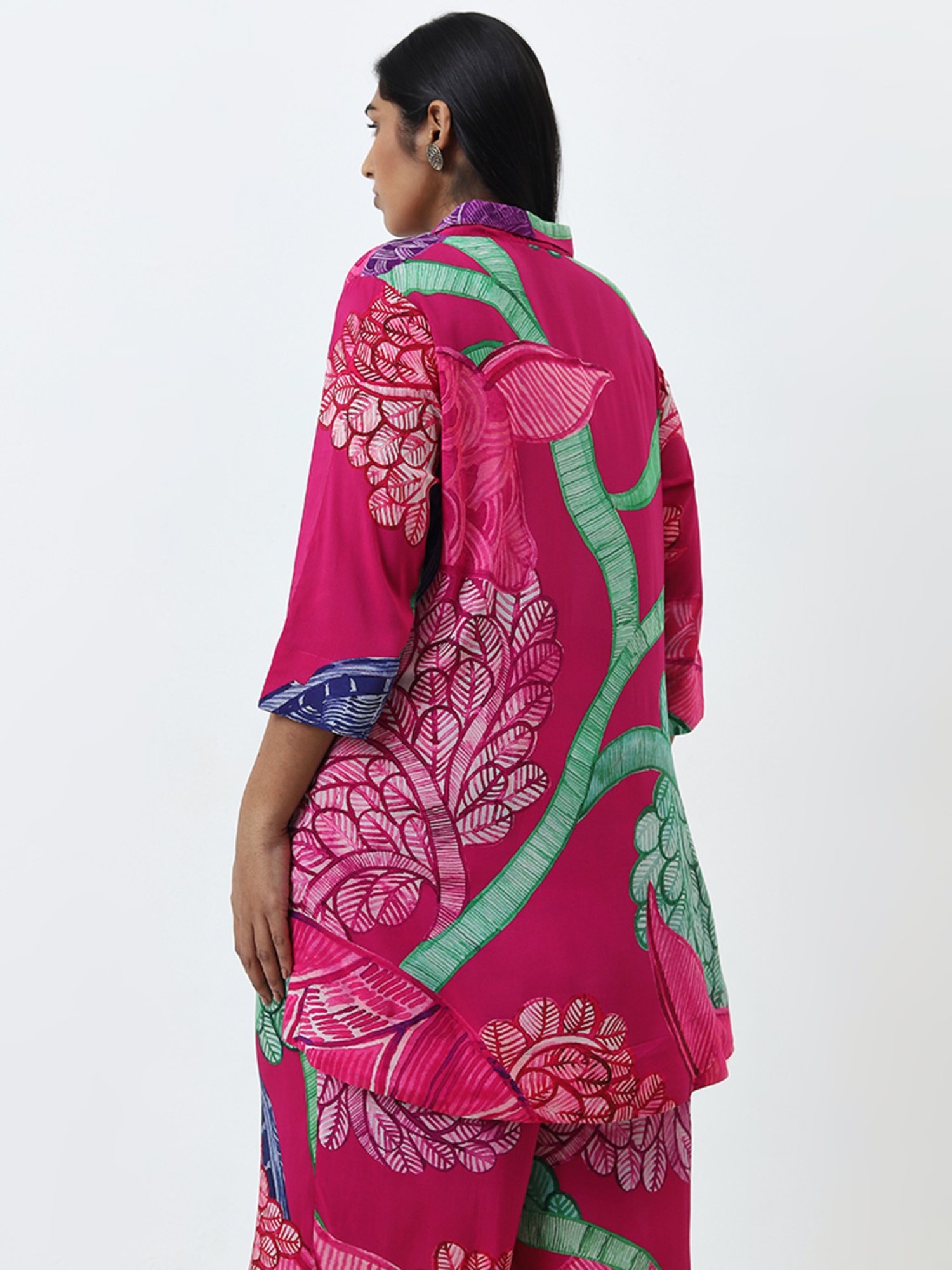 Diza by Westside Fuschia Pink Leaf Design Straight Ethnic Tunic
