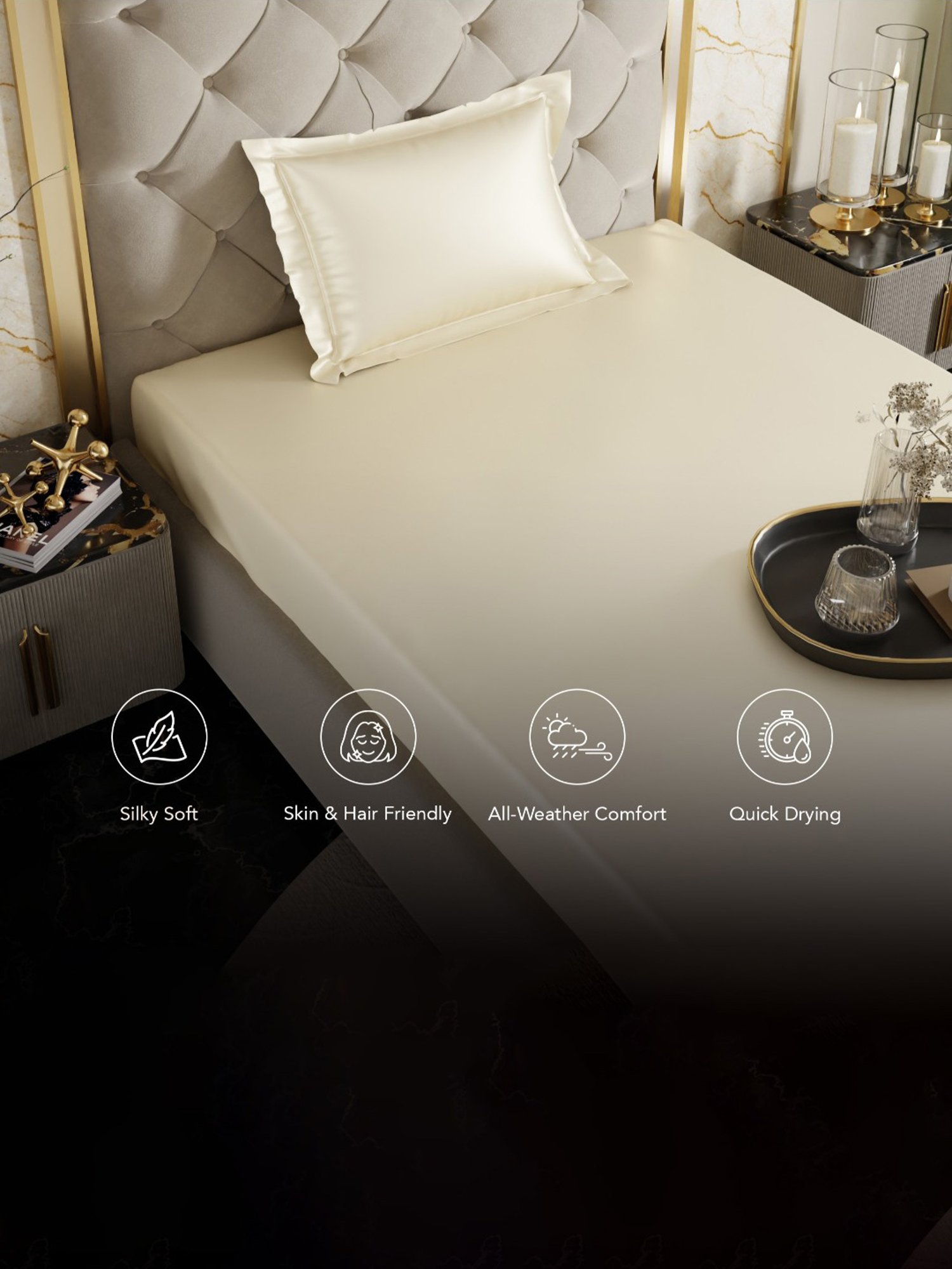 Stoa Paris Ivory Polyester 300 TC Date Night Single Fitted Bedsheet With Pillow Cover