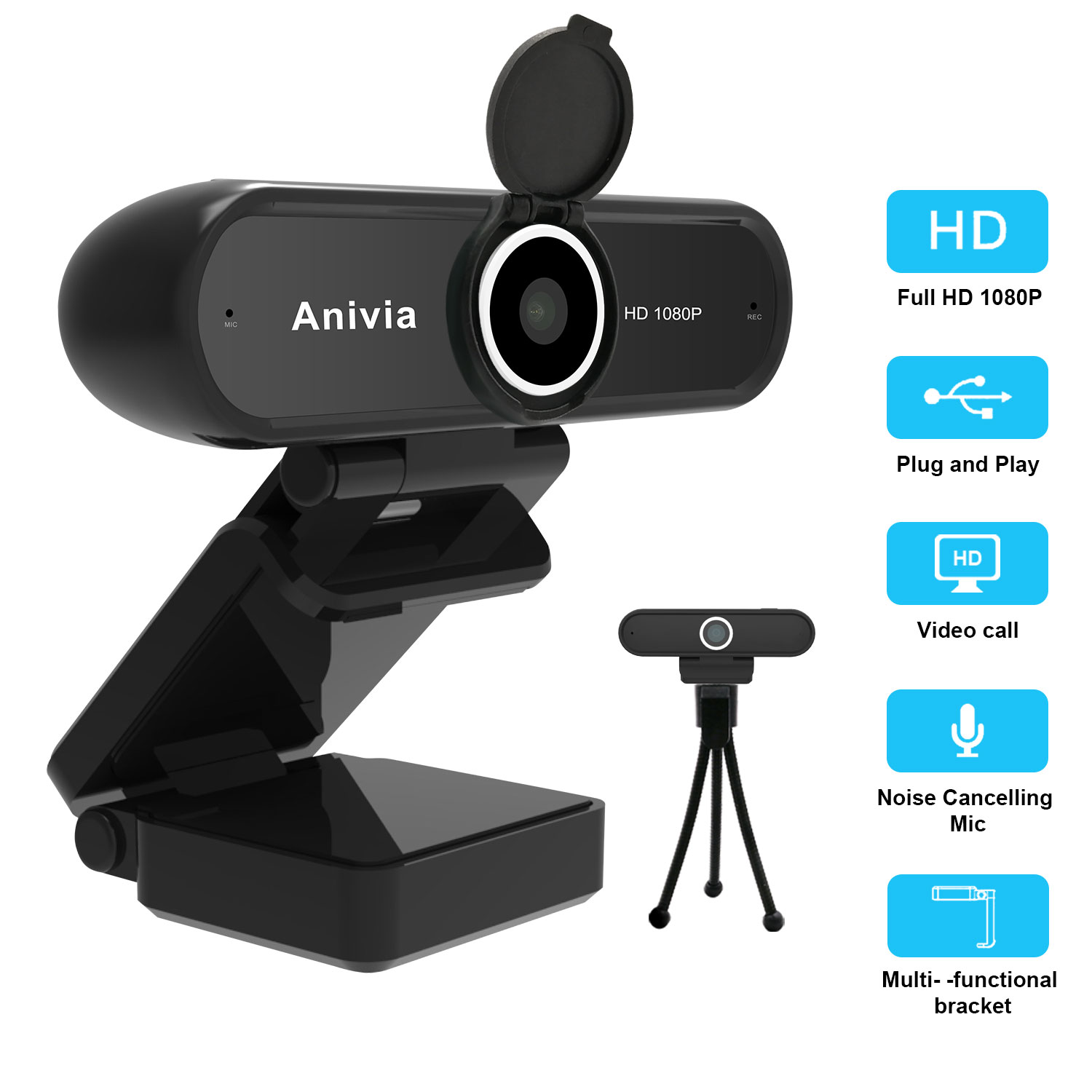 Anivia 1080P Full HD Webcam With Lens Cover - Pro Web Camera With Stereo Microphone - USB Plug And Play PC Laptop Desktop Mac Video Calling, Conference Live(tripod not included)