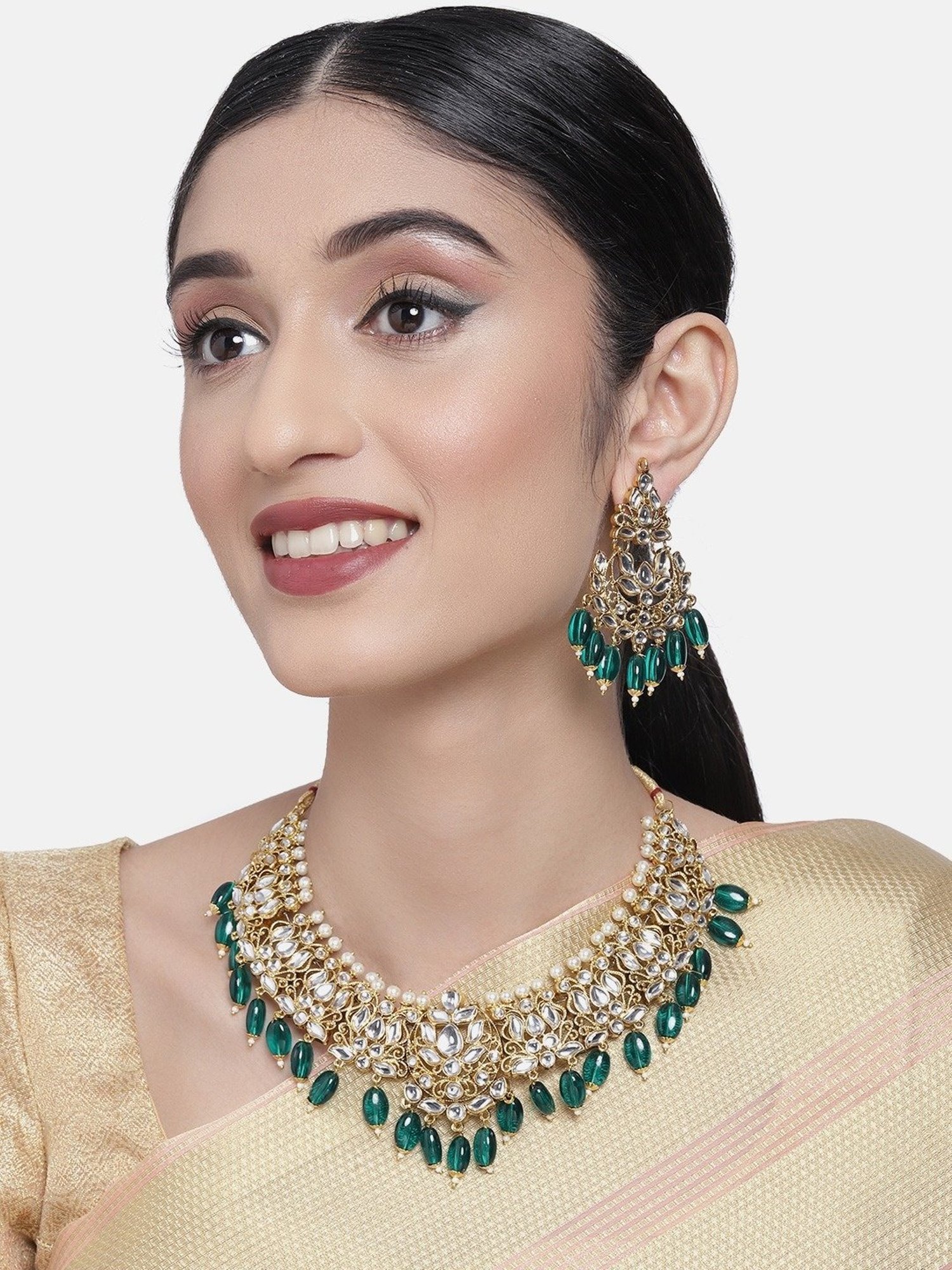 Zaveri Pearls Dangling Green Beads Traditional Kundan Necklace & Earring Set-ZPFK10246