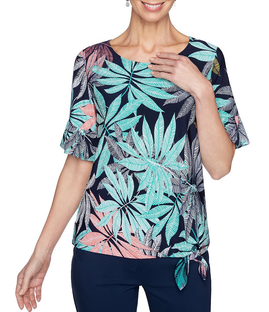 Ruby Rd. Leaf Puff Print Jewel Neck Short Flounce Sleeve Front Side Tie Top