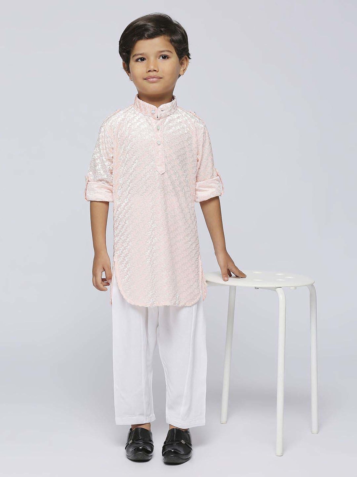 Kids Island Boys Peach Embossed Full Sleeves Kurta Set
