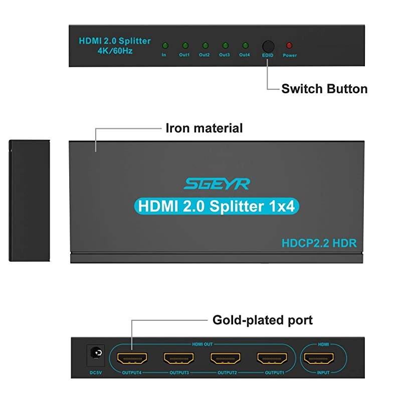 4K HDMI Splitter 1 in 4 Out HDMI Splitter 4 Ports HDMI Video Splitter Box Supports 4K@60Hz HDR Full Ultra HD 1080P and 3D Compatible with DVD Blu-Ray Player HDTV Splitter