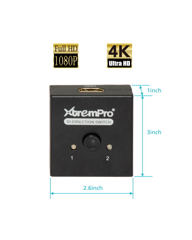 XtremPro 4K HDMI 4K 2 Ports Bi-Direction Switch, 2 x 1 / 1 x 2 Hub-HDCP Passthrough, Supports Ultra HD 4K, 3D, 1080P, 1080i, 720p, No power Source need - Black (61032)
