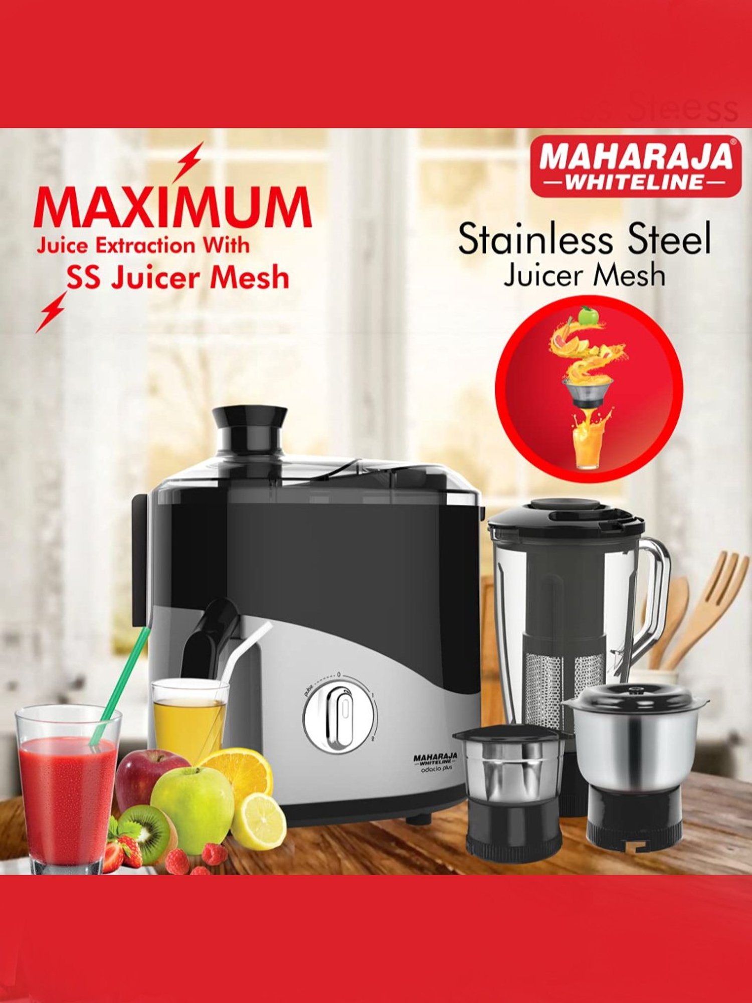 Maharaja Whiteline Juicer Mixer Grinder 550W With 3 Versatile Jars (Black & Silver)