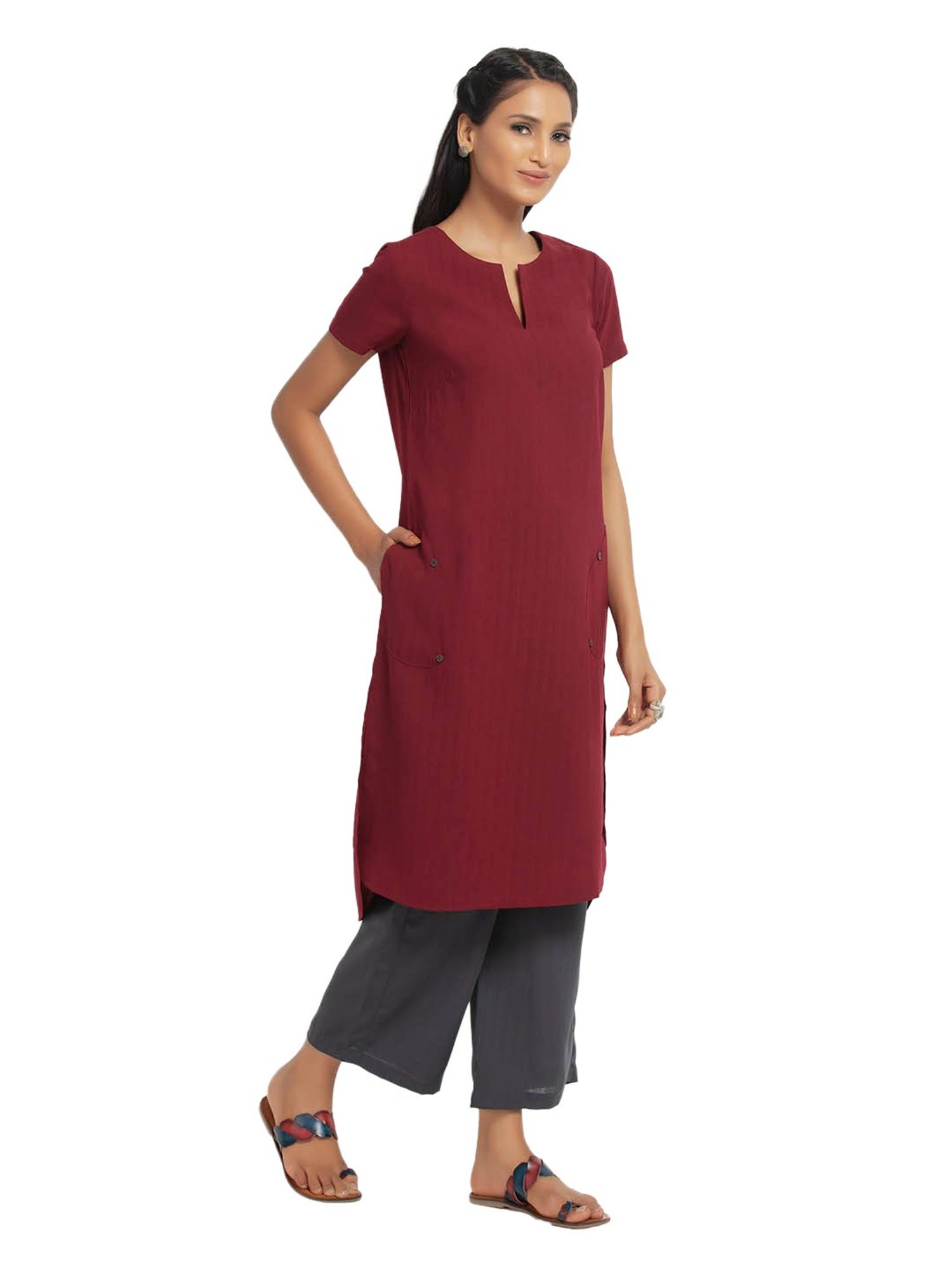Office & You Maroon Straight Fit Kurta
