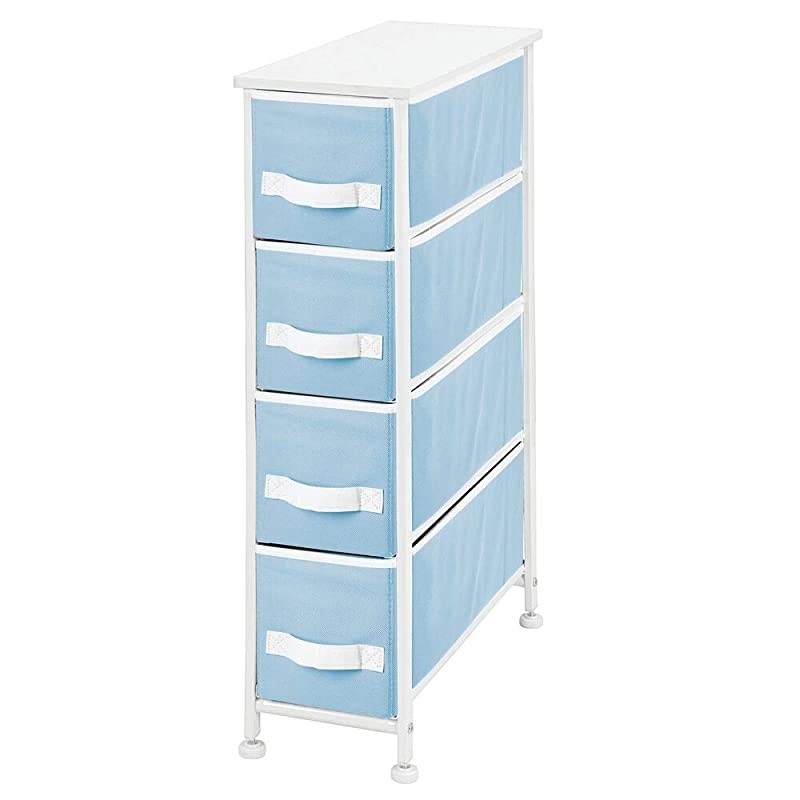 Narrow Vertical Dresser Storage Tower - Sturdy Metal Frame, Wood Top, Easy Pull Fabric Bins - Organizer Unit for Bedroom, Hallway, Entryway, Closet, 4 Drawers - Light Blue/White