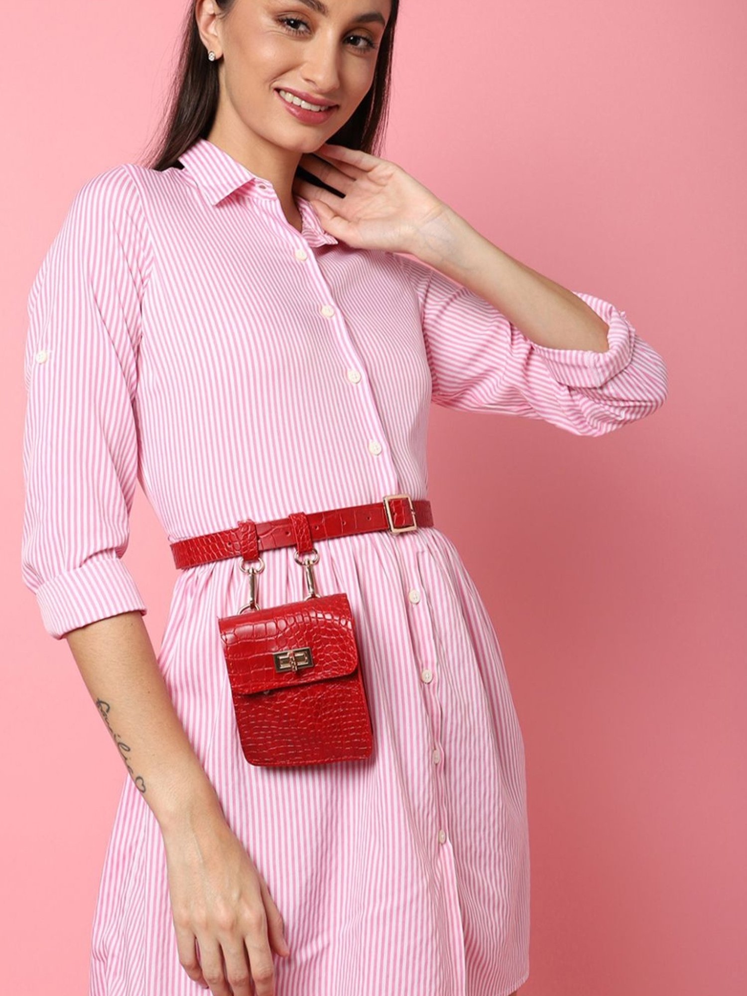 HauteSauce Red Textured Casual Belt for Women with Pouch