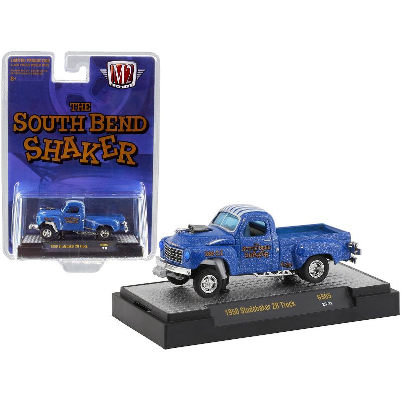 1950 Studebaker 2R Pickup Truck "The South Bend Shaker" Blue Heavy Metallic with White Stripes Ltd Ed 4400 pcs 1/64 Diecast Model Car by M2 Machines