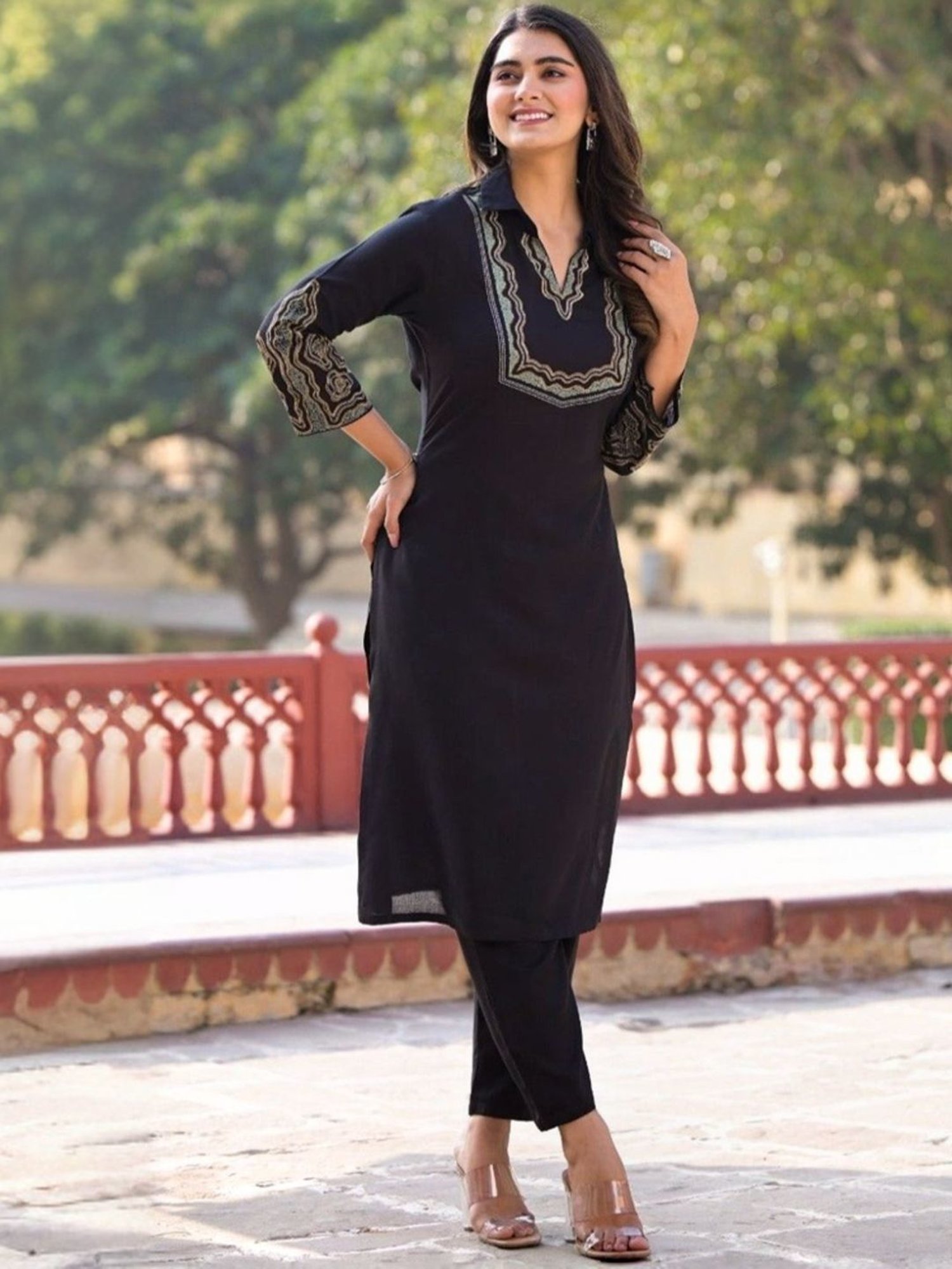 Autumnlane Black Vartika Onyx Embroidered Kurta with Pant