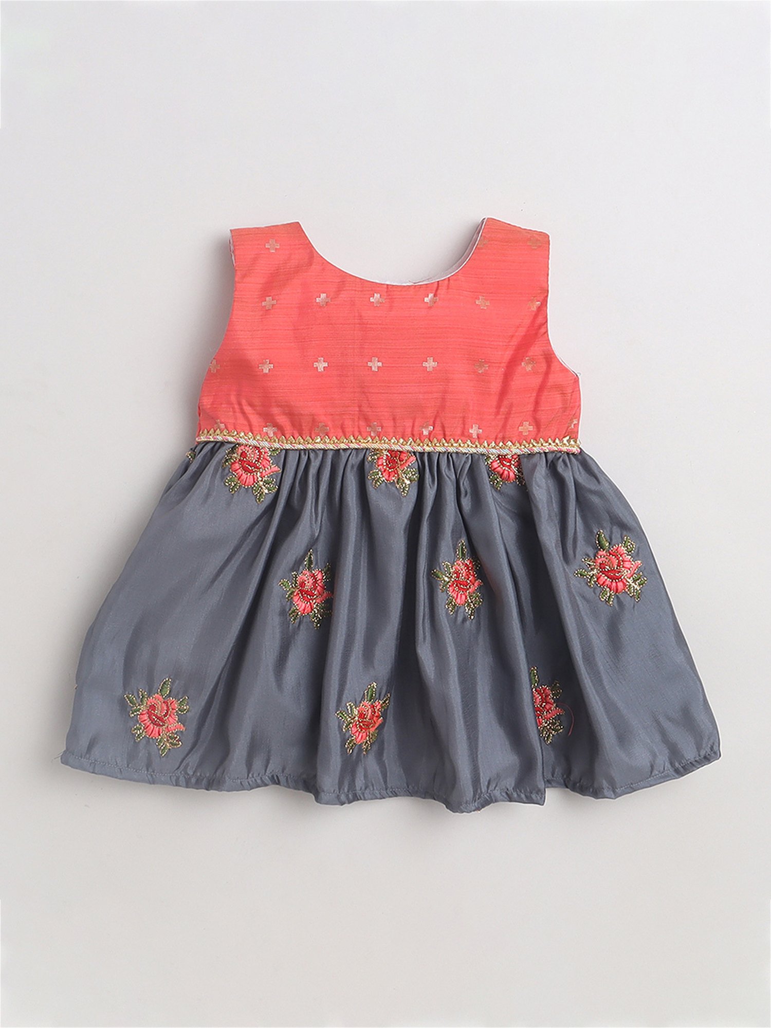 Many Frocks Kids Peach & Grey Embroidered Dress