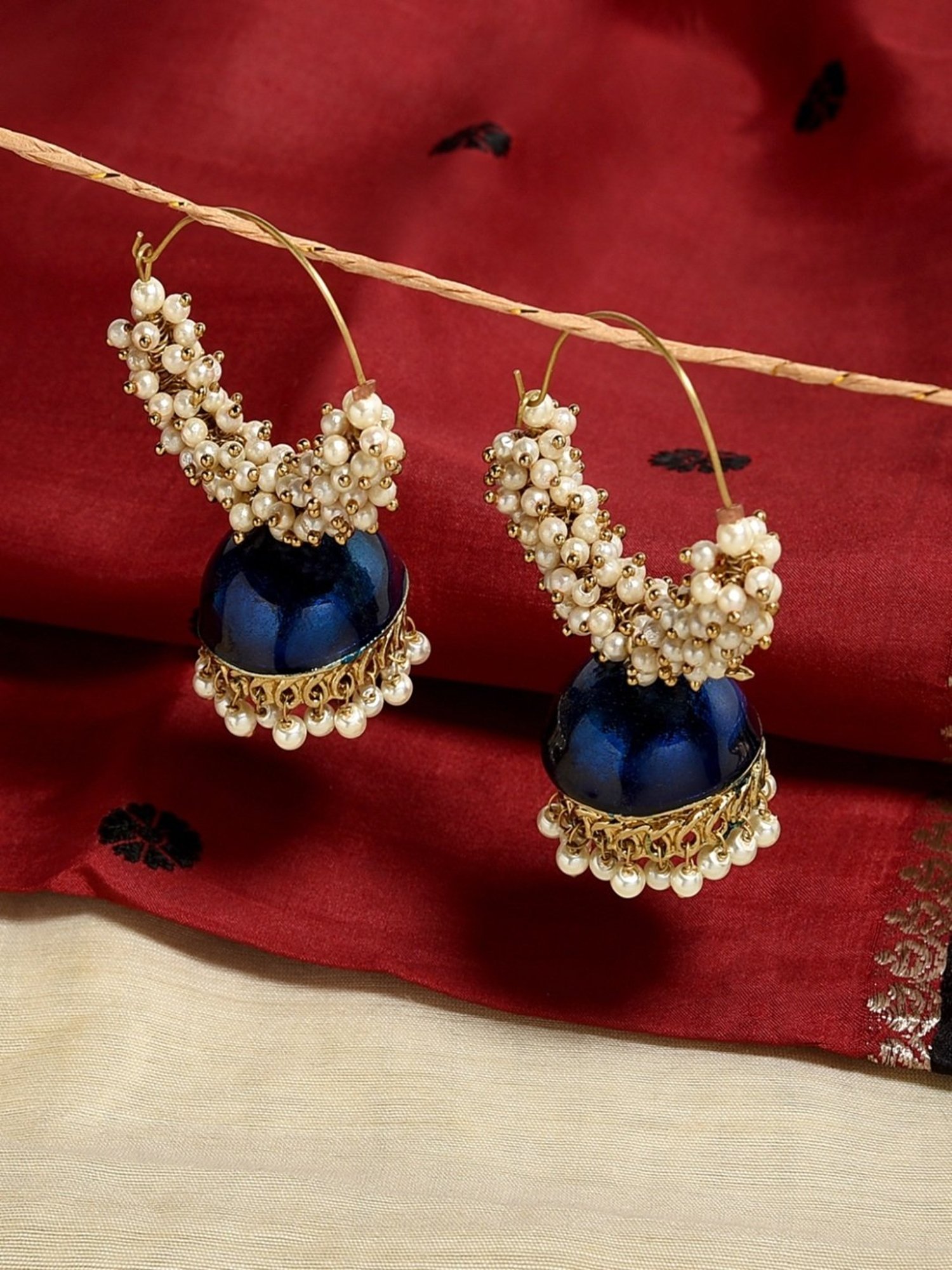 Fida Ethnic Traditional Bridal Gold-Plated Navy Blue Enamelled Pearl Jhumki Earrings