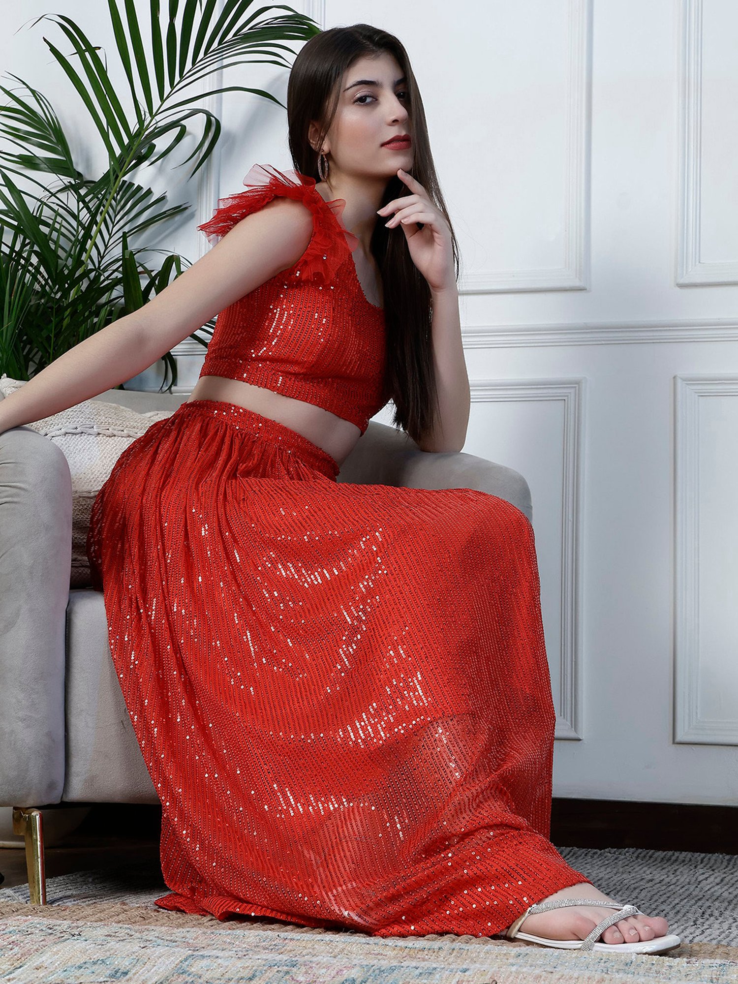 NEUDIS Red Embellished Maxi Skirt