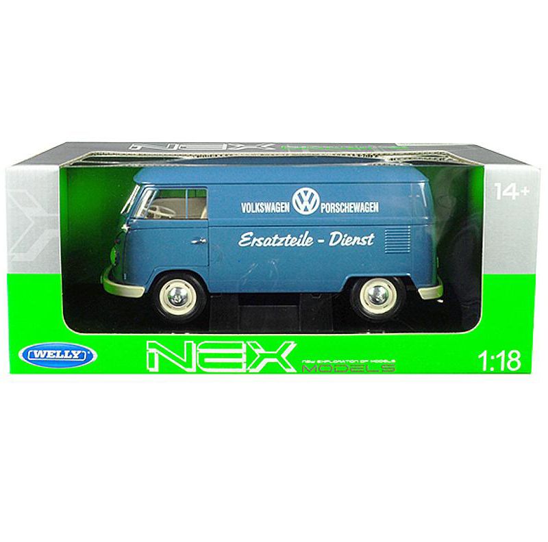 1963 Volkswagen T1 Microbus "Volkswagen Porschewagen" Blue 1/18 Diecast Model by Welly