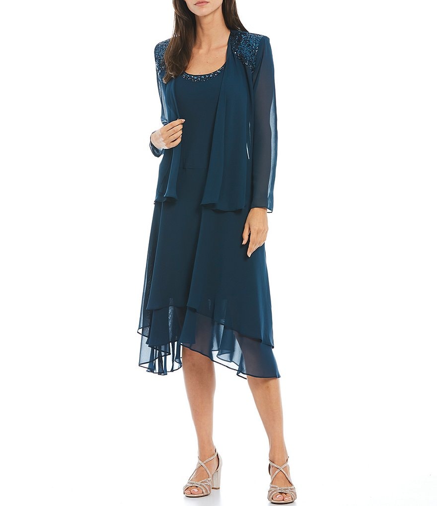 Ignite Evenings Sequined Shoulder Midi Length Jacket Dress