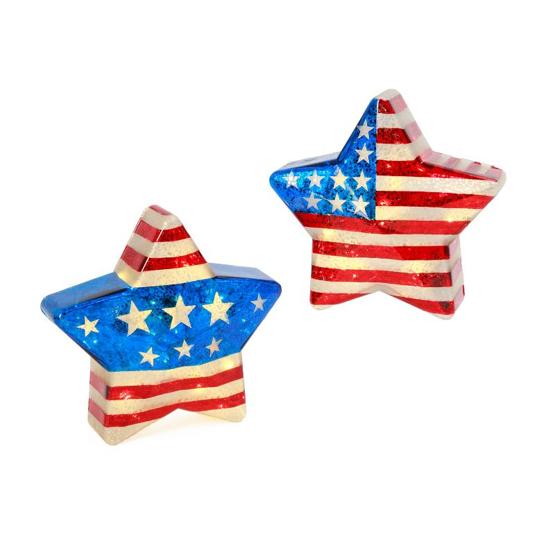 Gerson International Assorted Battery-Operated Mercury Glass Americana Stars with Timer Feature, Set of 2