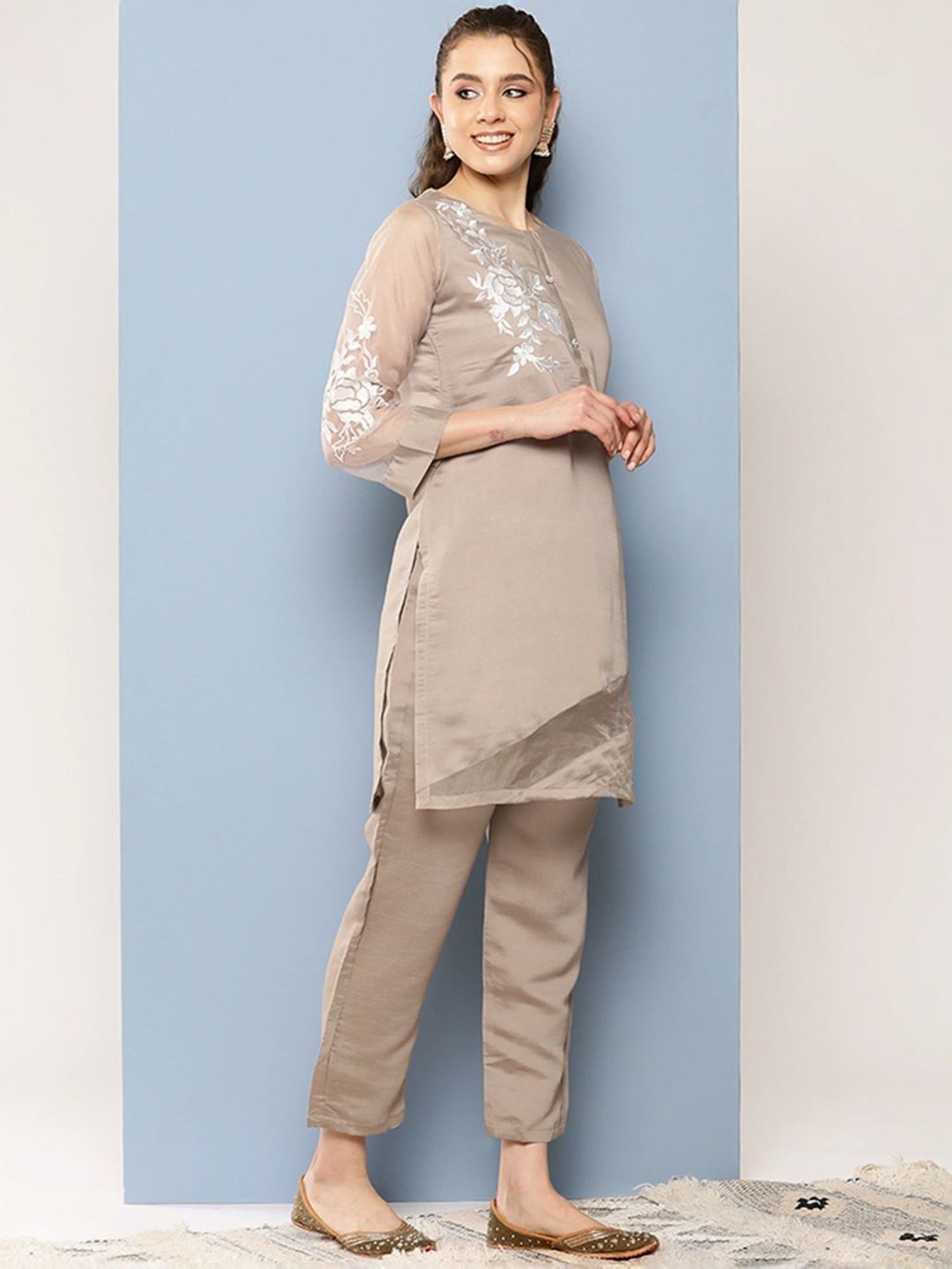 Aarika Beige Embroidered Kurti Pant Set