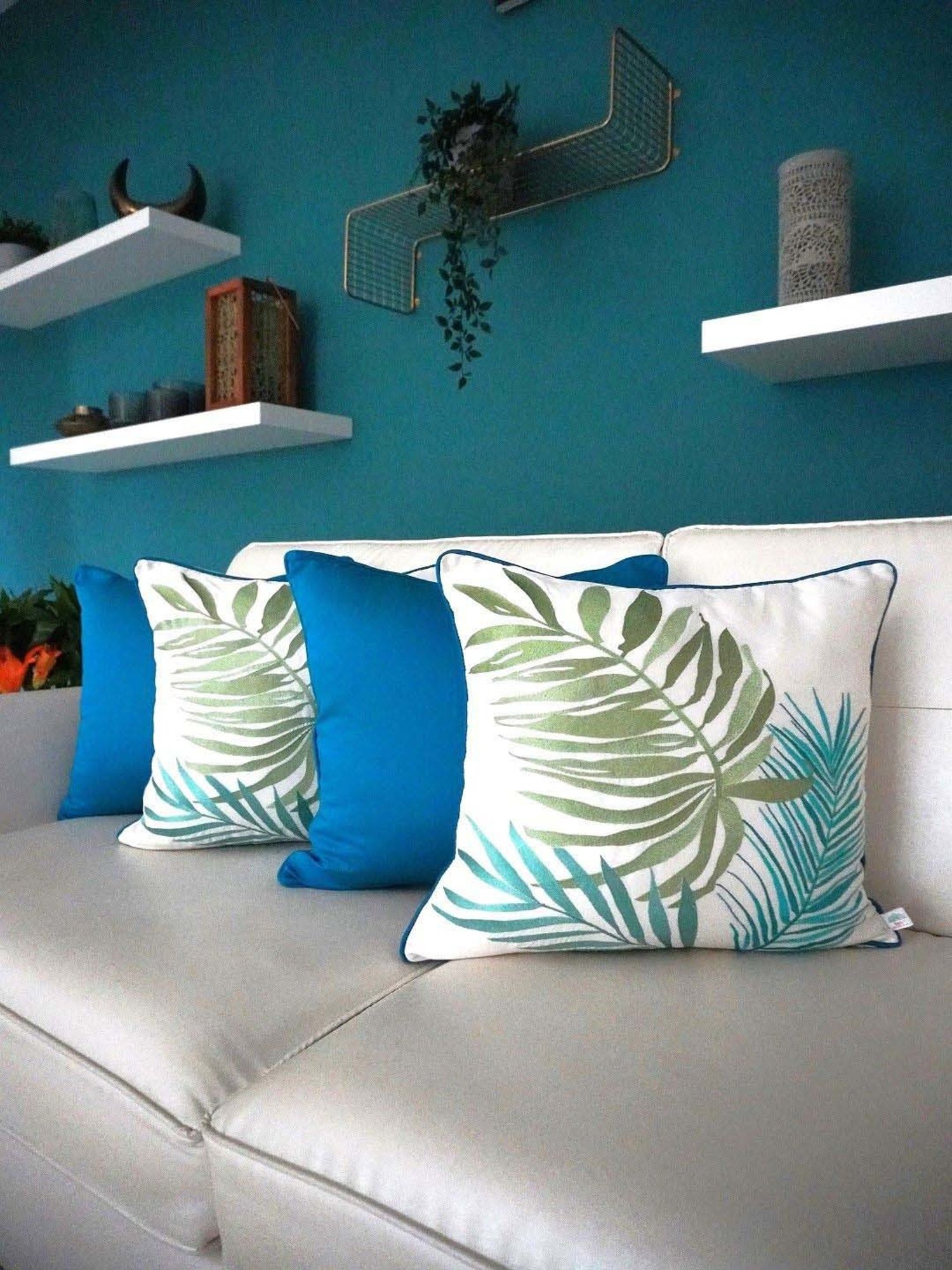 TARA Sparkling Homes Palm Springs Teal Blue & Beige Cotton Cushion Cover - Set of 4