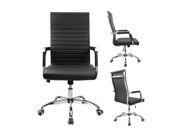 Furmax Ribbed Office Desk Chair Mid-Back PU Leather Executive Conference Task Chair Adjustable Swivel Chair with Arms (Black)