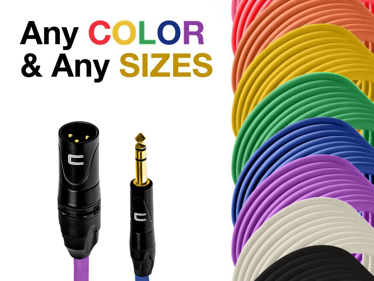 3-Pin XLR Male to 1/4" TRS Balanced Stereo Cable - Custom Length, Color Mic Cord