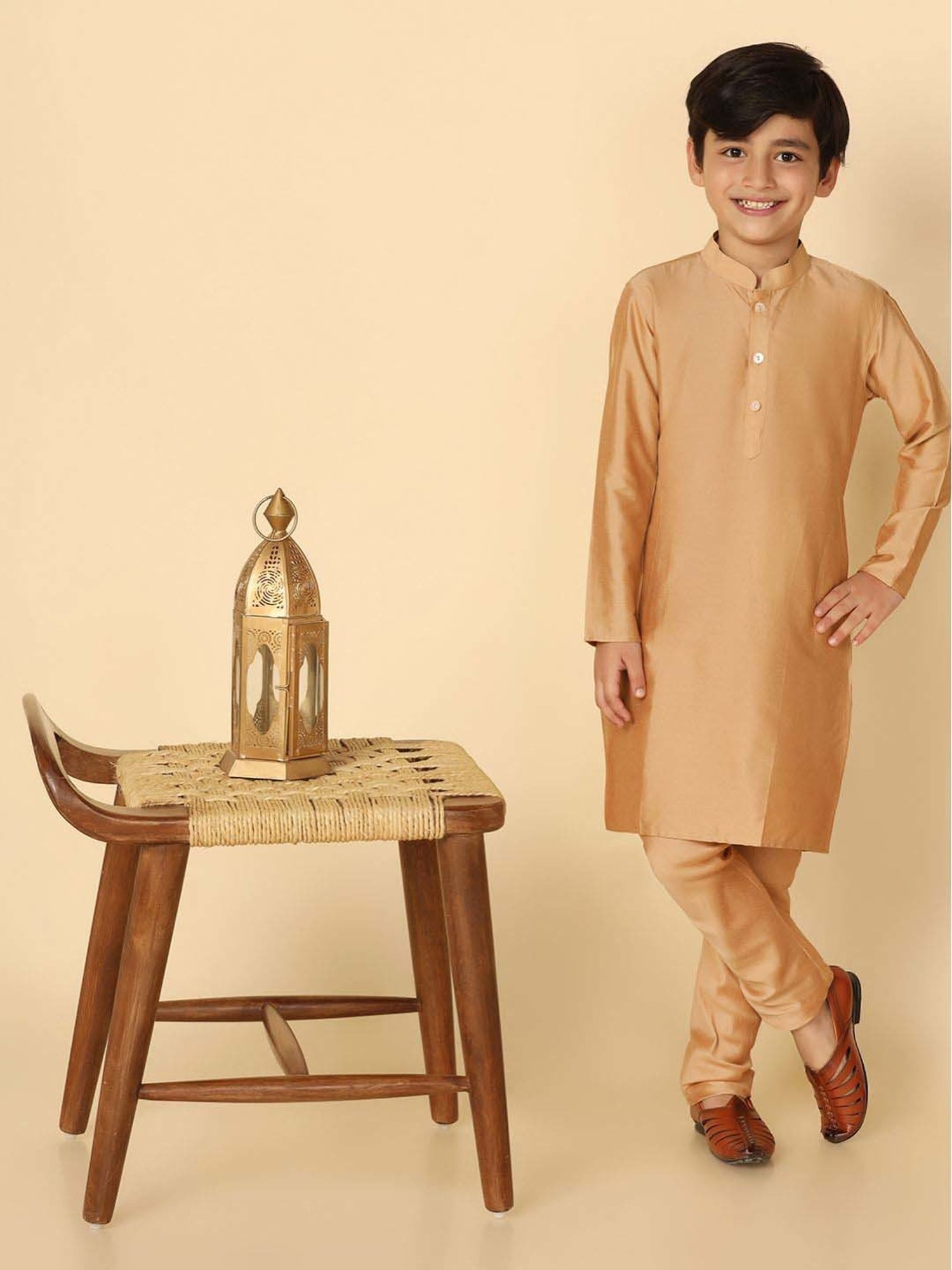 KISAH Kids Golden Regular Fit Full Sleeves Kurta Set