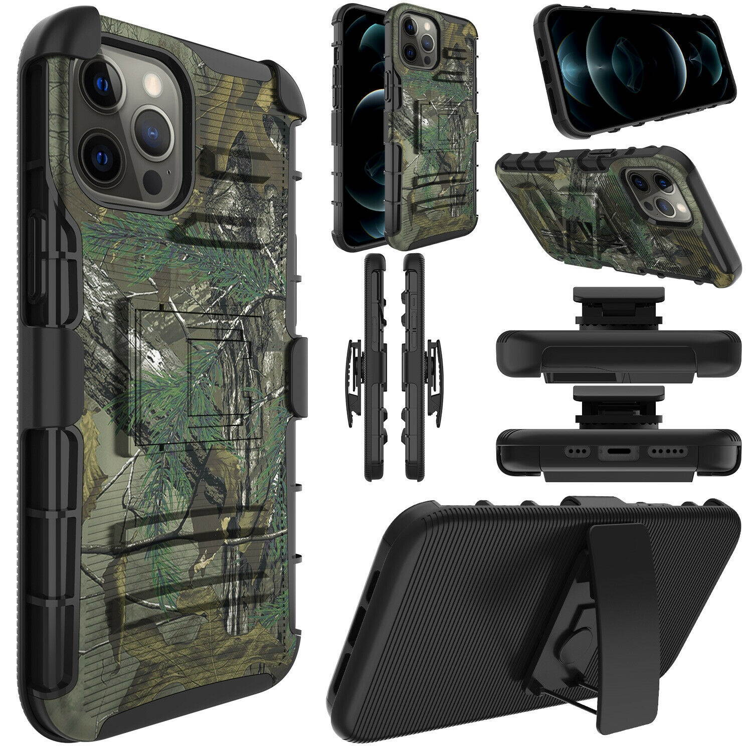For iPhone 12 Pro Max Rugged Shockproof Holster Kickstand Belt Clip Case Cover