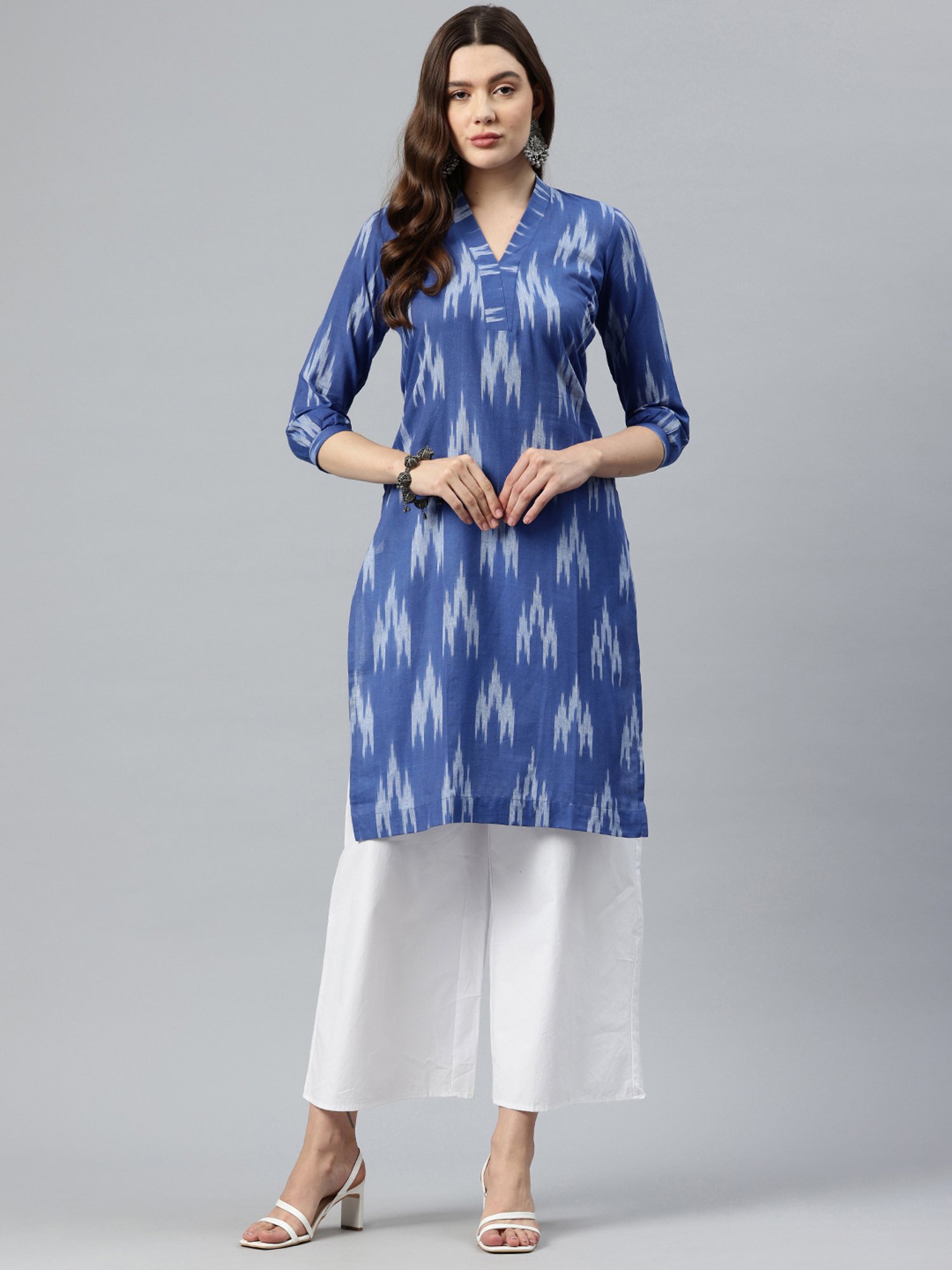 One Femme Blue Cotton Ikat Print Straight Kurta