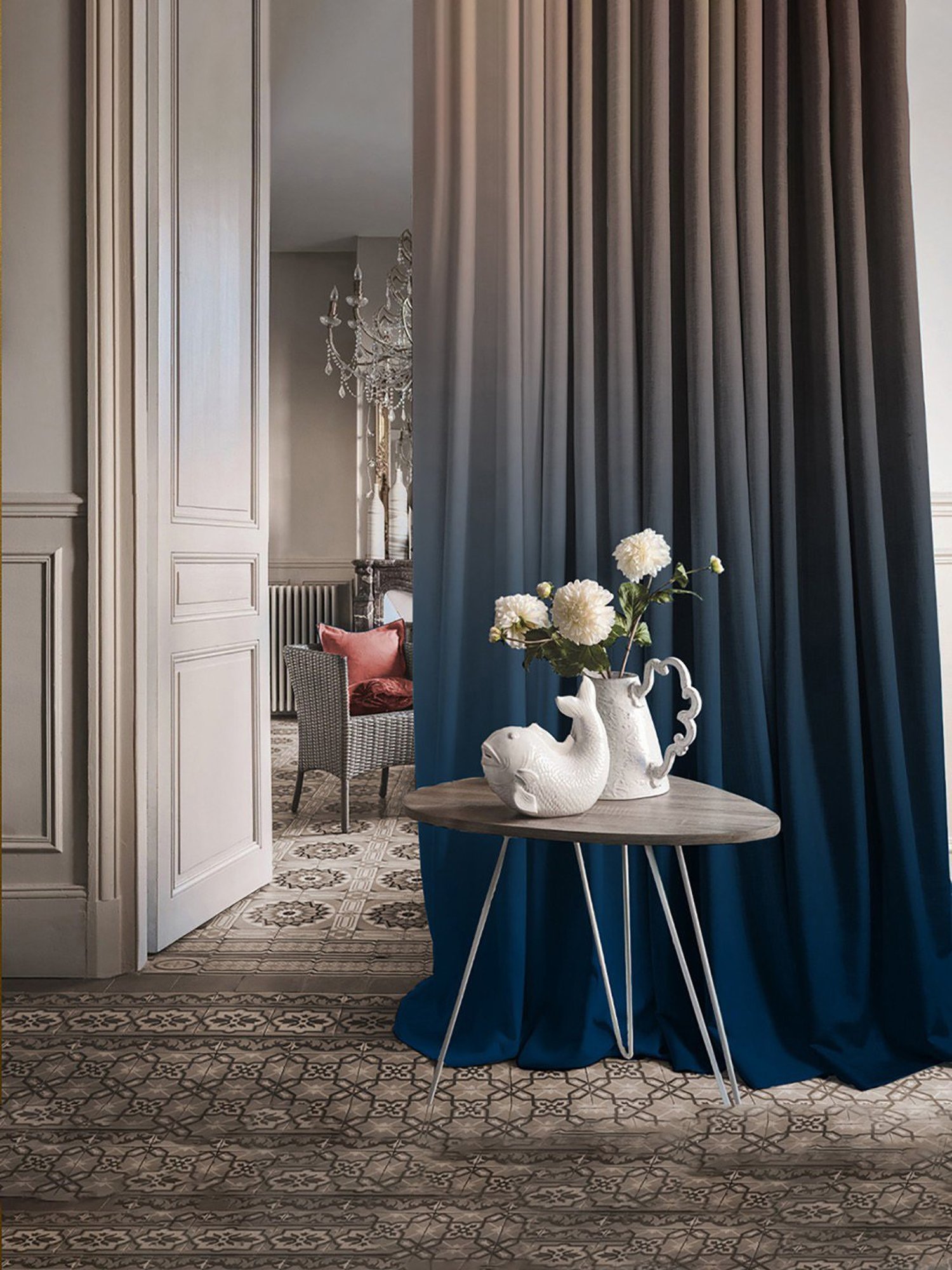 SPACES DRAPE STORY Elegant Printed Blue & Cream Polyester 7 ft Door Curtains - Set of 4