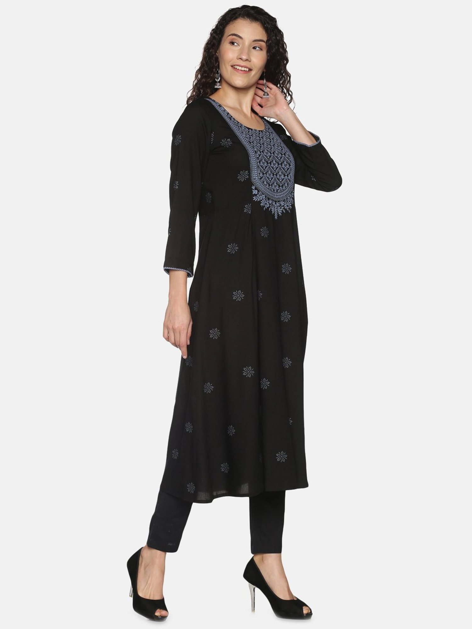 Saffron Threads Black Embroidered A Line Kurta