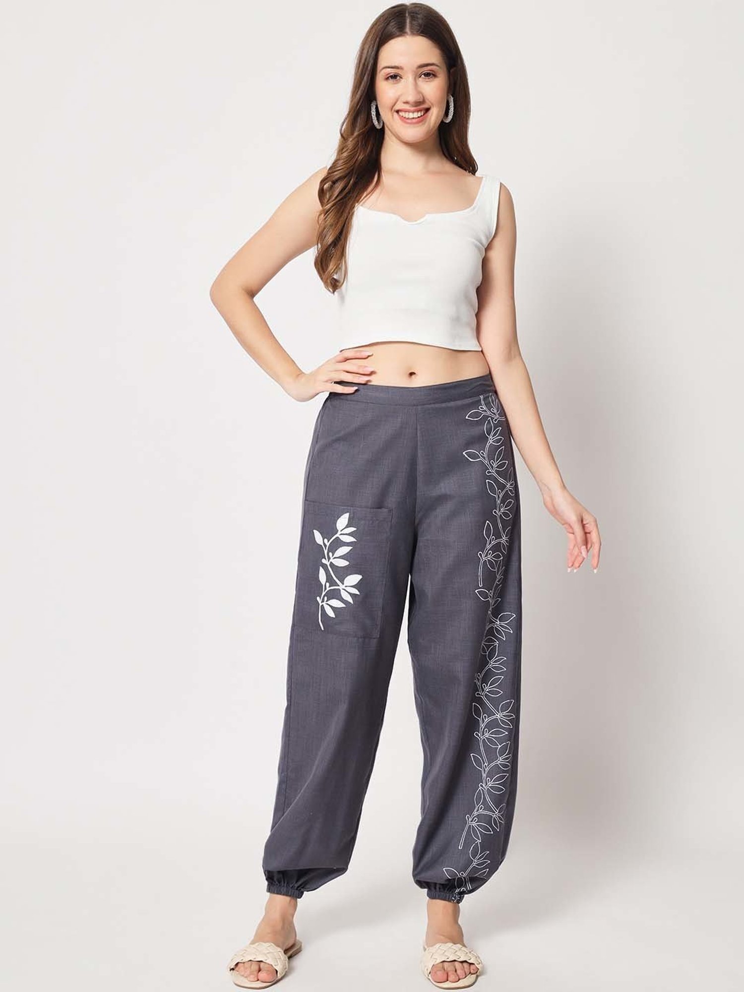 9rasa Grey Cotton Printed Trousers