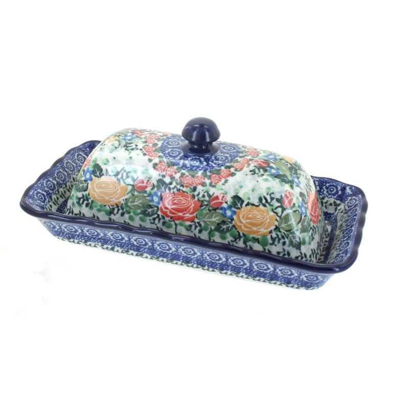 Blue Rose Polish Pottery Crimson Roses Butter Dish