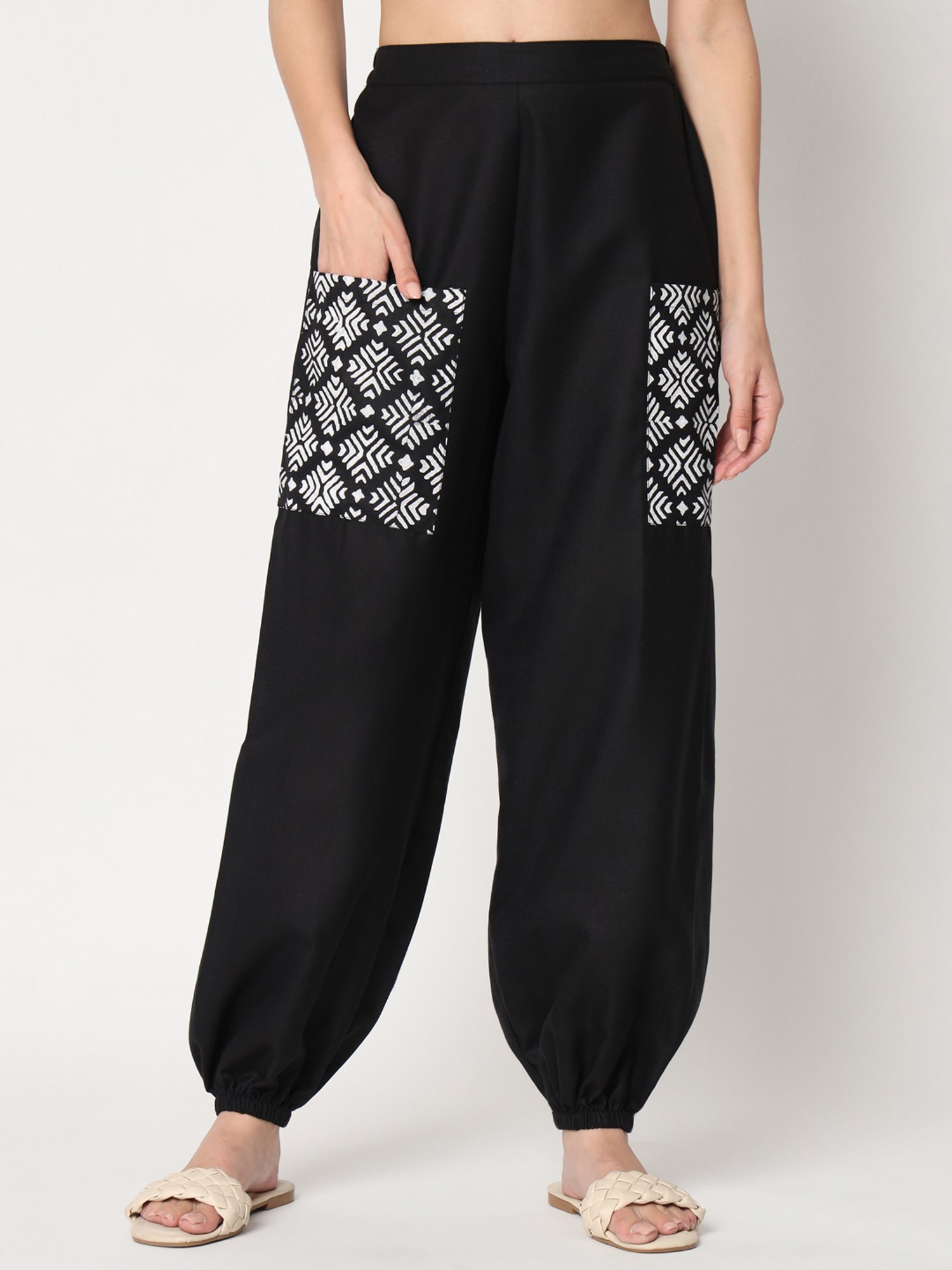 9rasa Black Cotton Hand Block Print Pants
