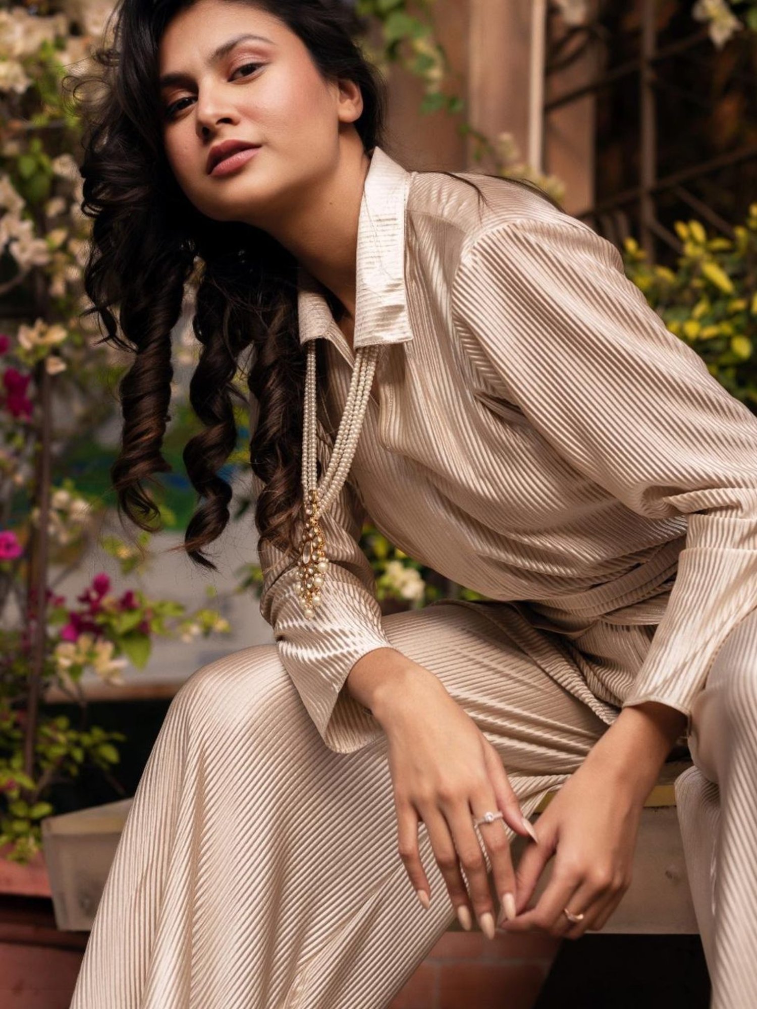 Calmna Metallic Golden Pleated Silk Tunic with Pant Co-ord Set