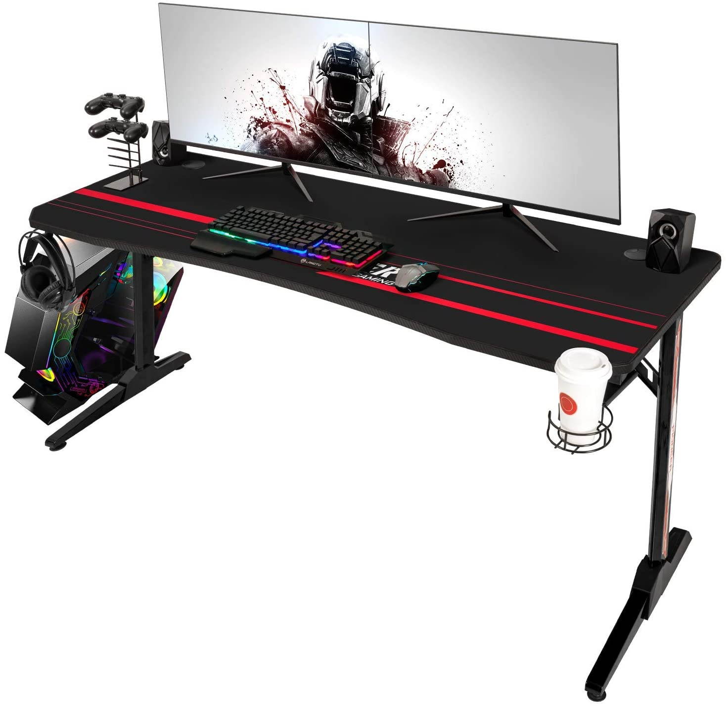 Devoko 55 Inch Gaming Desk T-Shaped PC Computer Table with Free Mouse Pad Carbon Fibre Surface Home Office Desk Gamer Table with Game Handle Rack Headphone Hook and Cup Holder (Black)