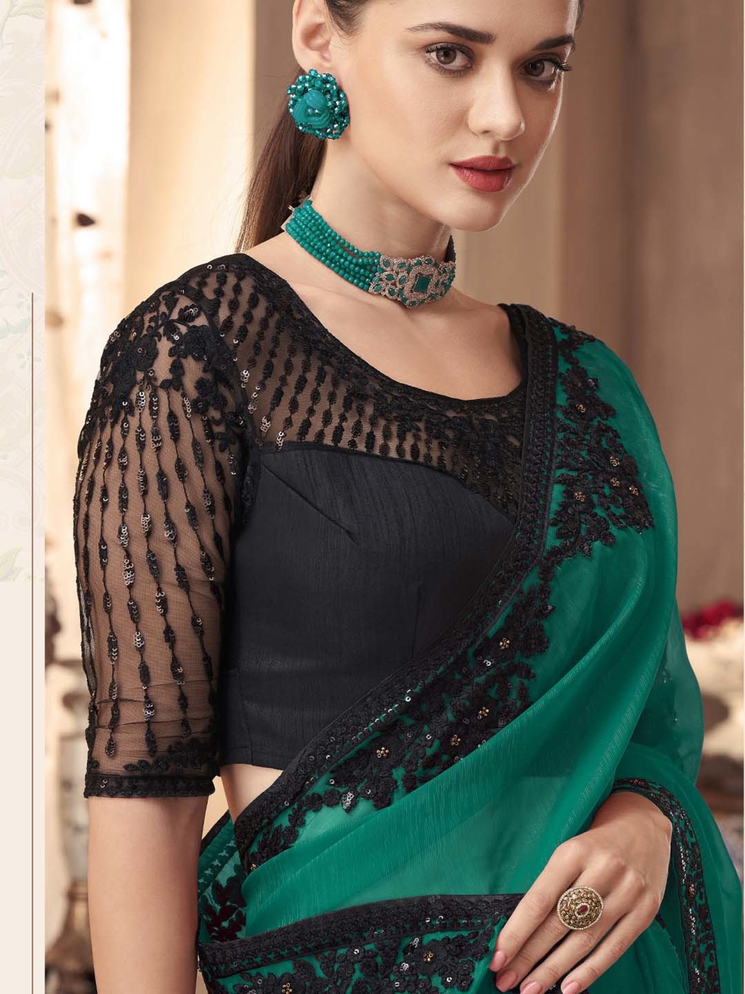 Saree Mall Green Embroidered Saree With Unstitched Blouse