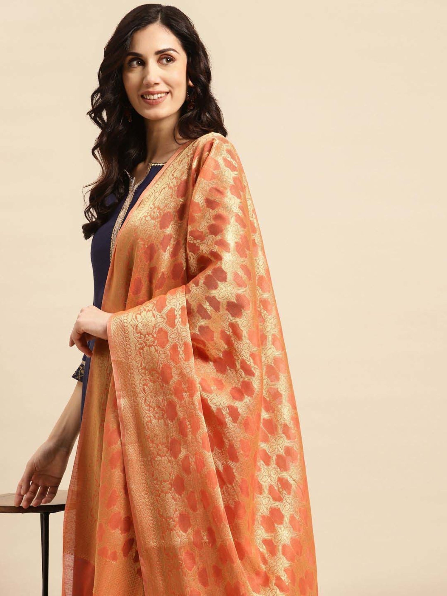 Banarasi Style Peach Cotton Woven Pattern Dupatta
