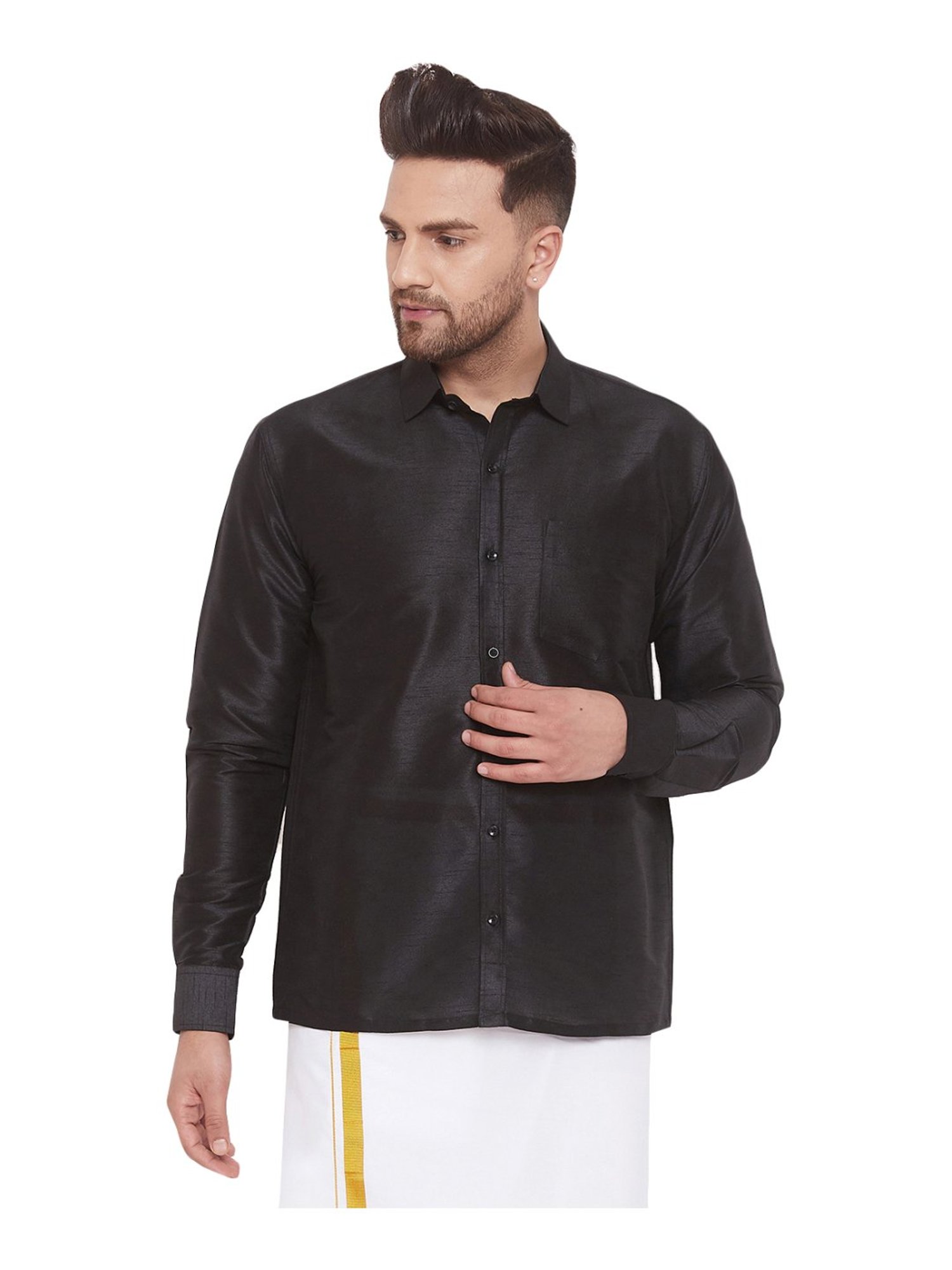 VASTRAMAY Black Straight Fit Self Pattern Ethnic Shirt