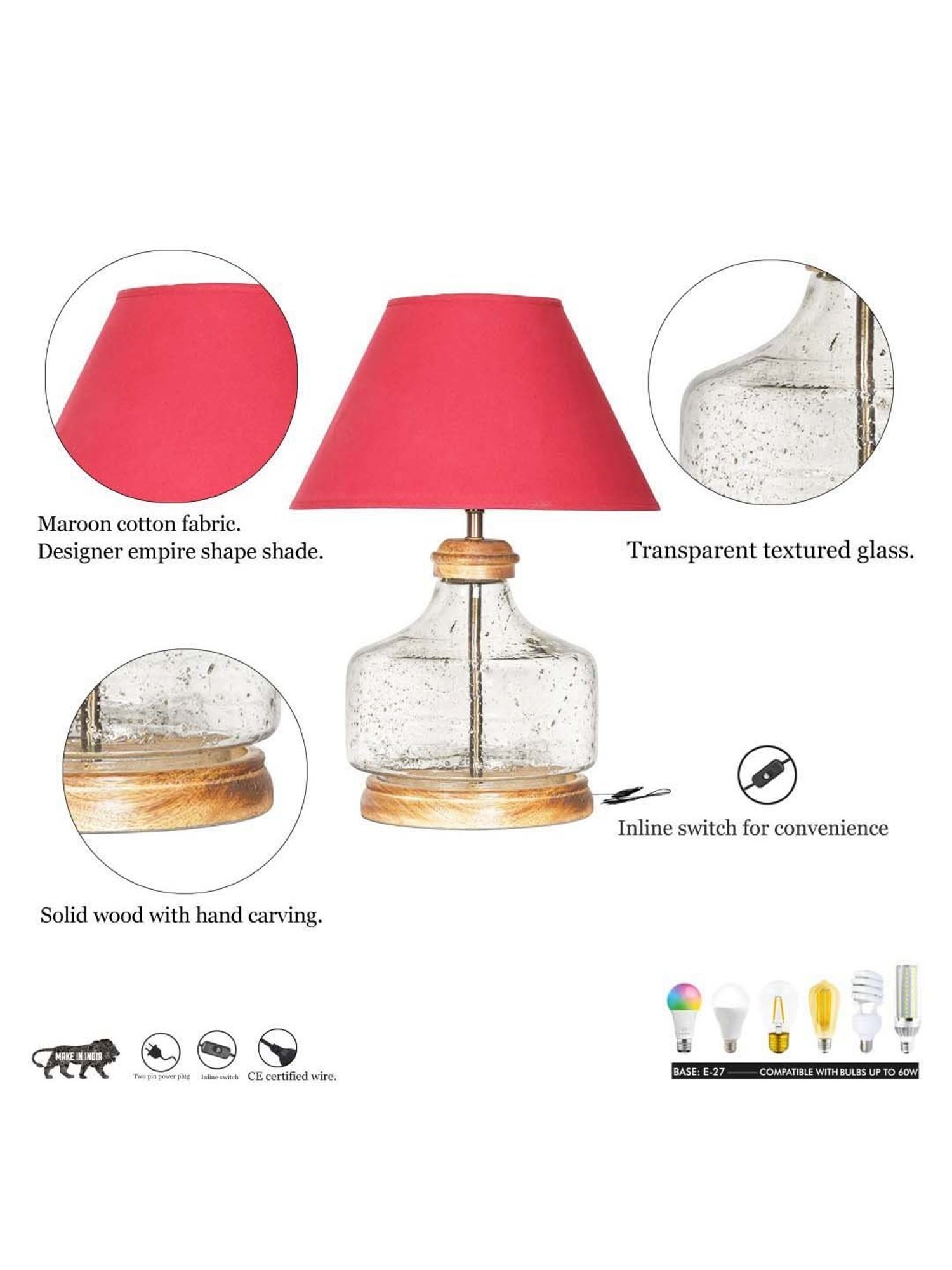 Kapoor Lamp Shades Clear & Brown Glass Tuscan Table Lamp With Cotton Shade