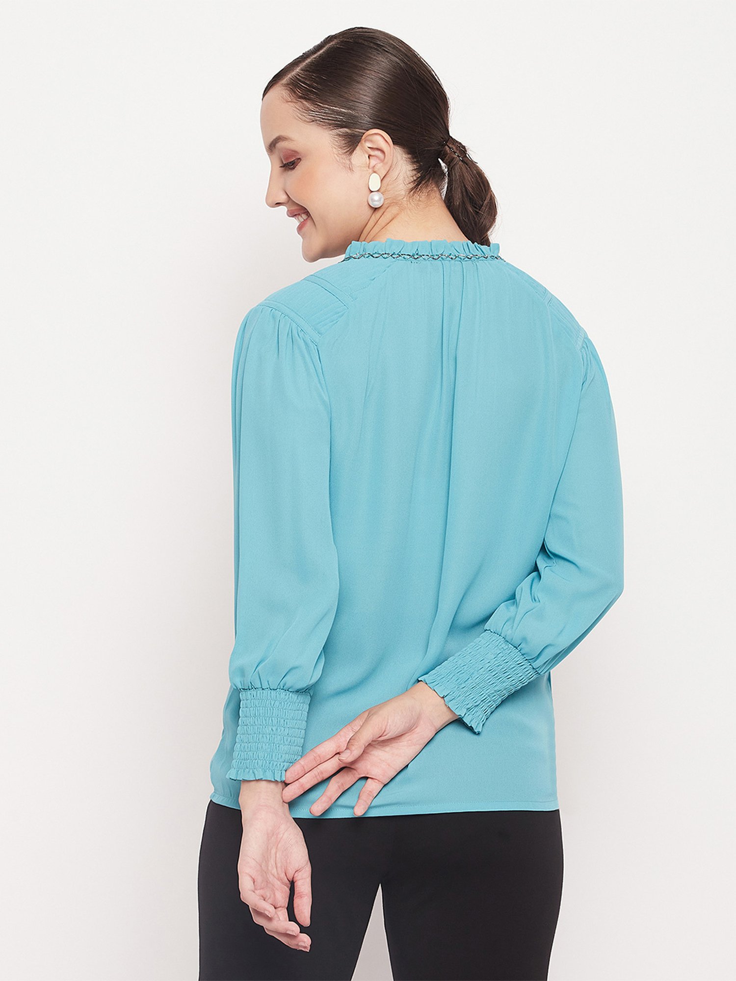 MADAME Turquoise Cotton Embellished Top