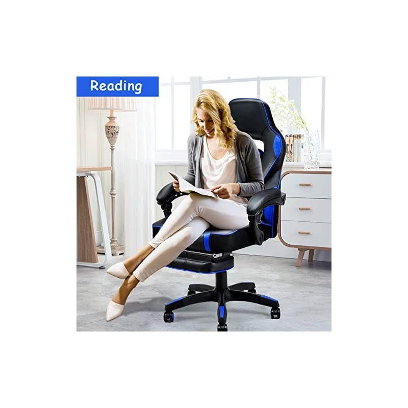 Ergonomic Gaming Chair, Executive Computer Office Chair with USB Massage Lumbar Cushion and Retractable Footrest, High Back Swivel Chair with Backrest and Height Adjustable (Blue)