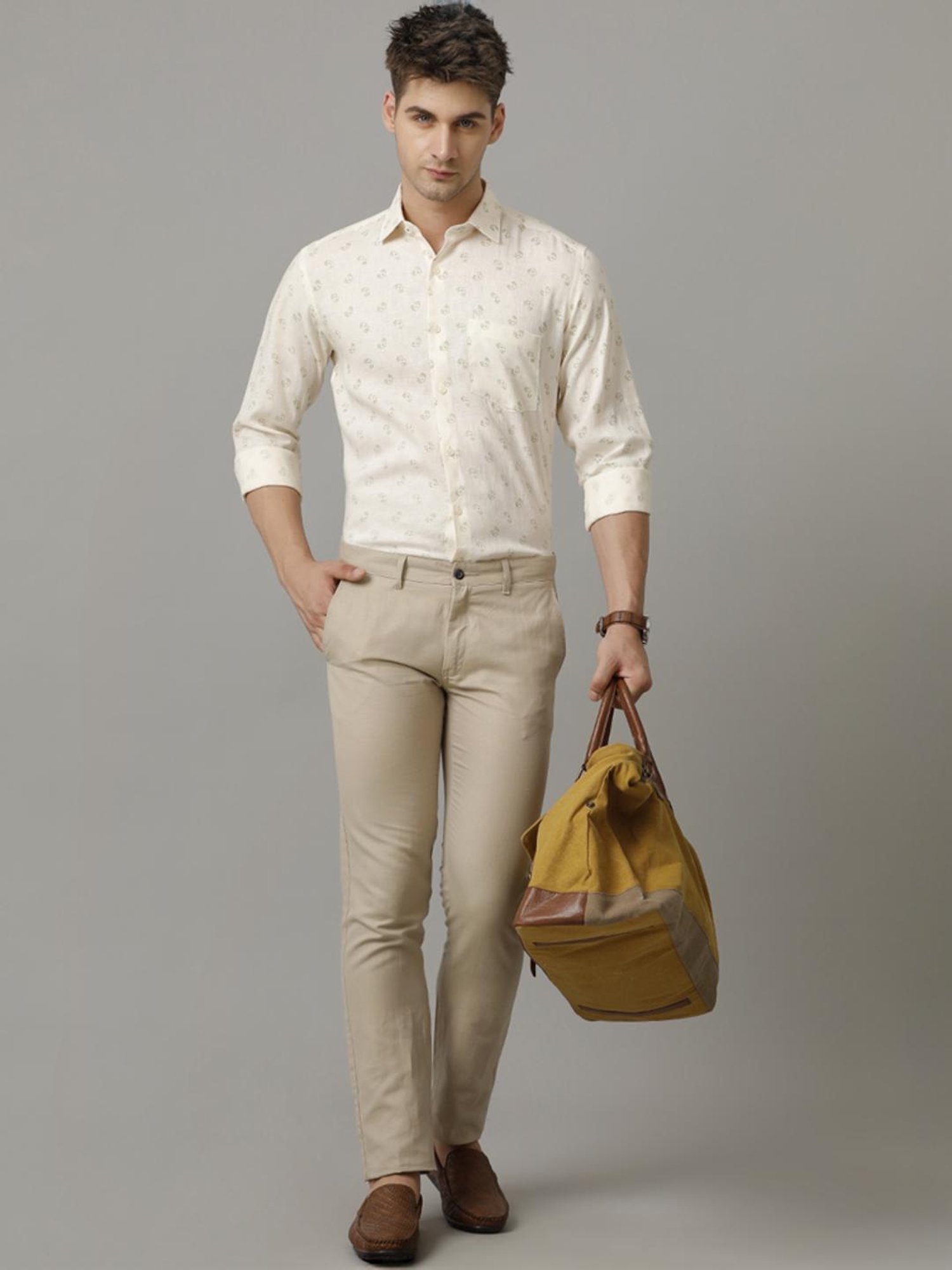 Linen Club Beige Linen Contemporary Fit Printed Shirt