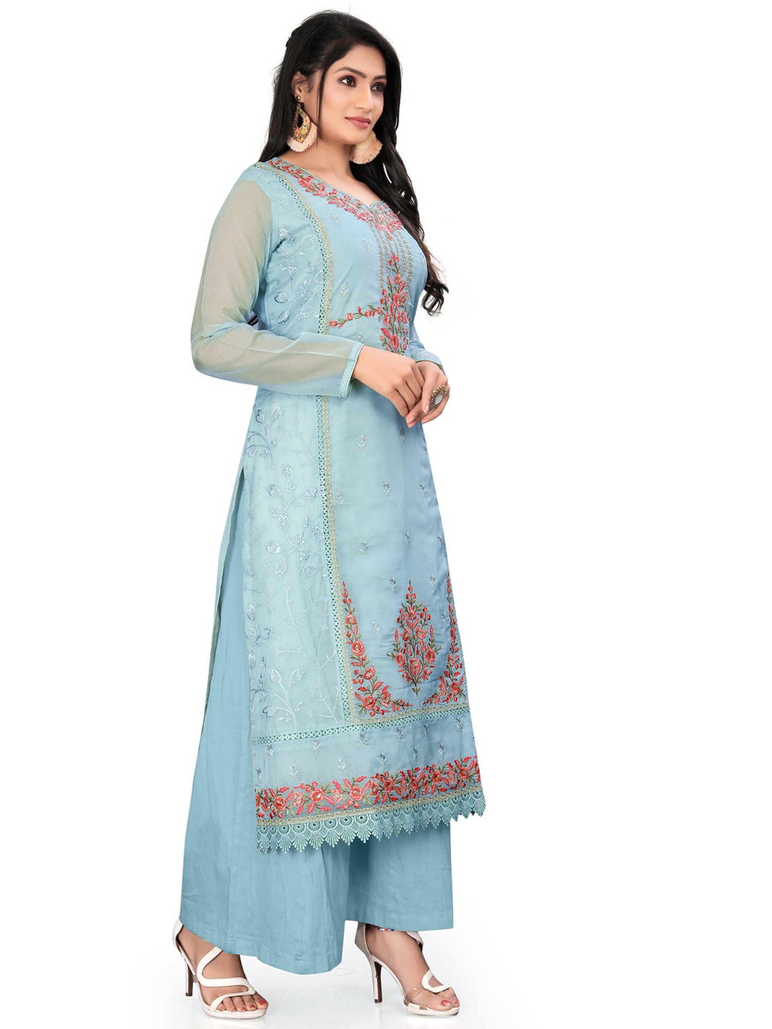Stylee LIFESTYLE Light Blue Embroidered Unstitched Dress Material