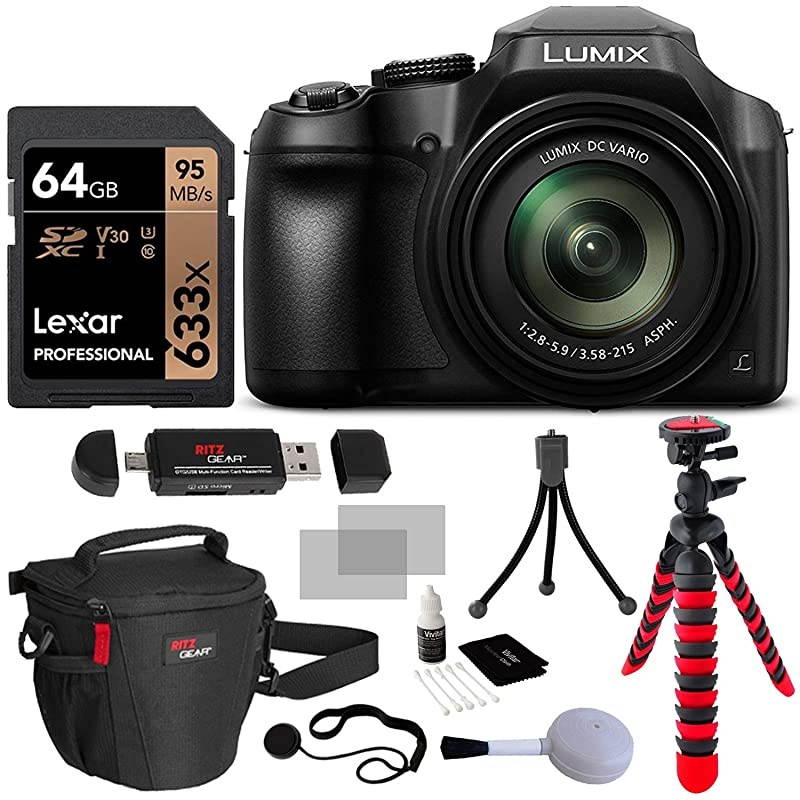 Lumix DC-FZ80 Digital Camera, 32GB SDHC Memory Card, 2 Spare Batteries, DSLR Camera Bag, Ritz Gear Cleaning Kit, Tripod and Accessory Bundle