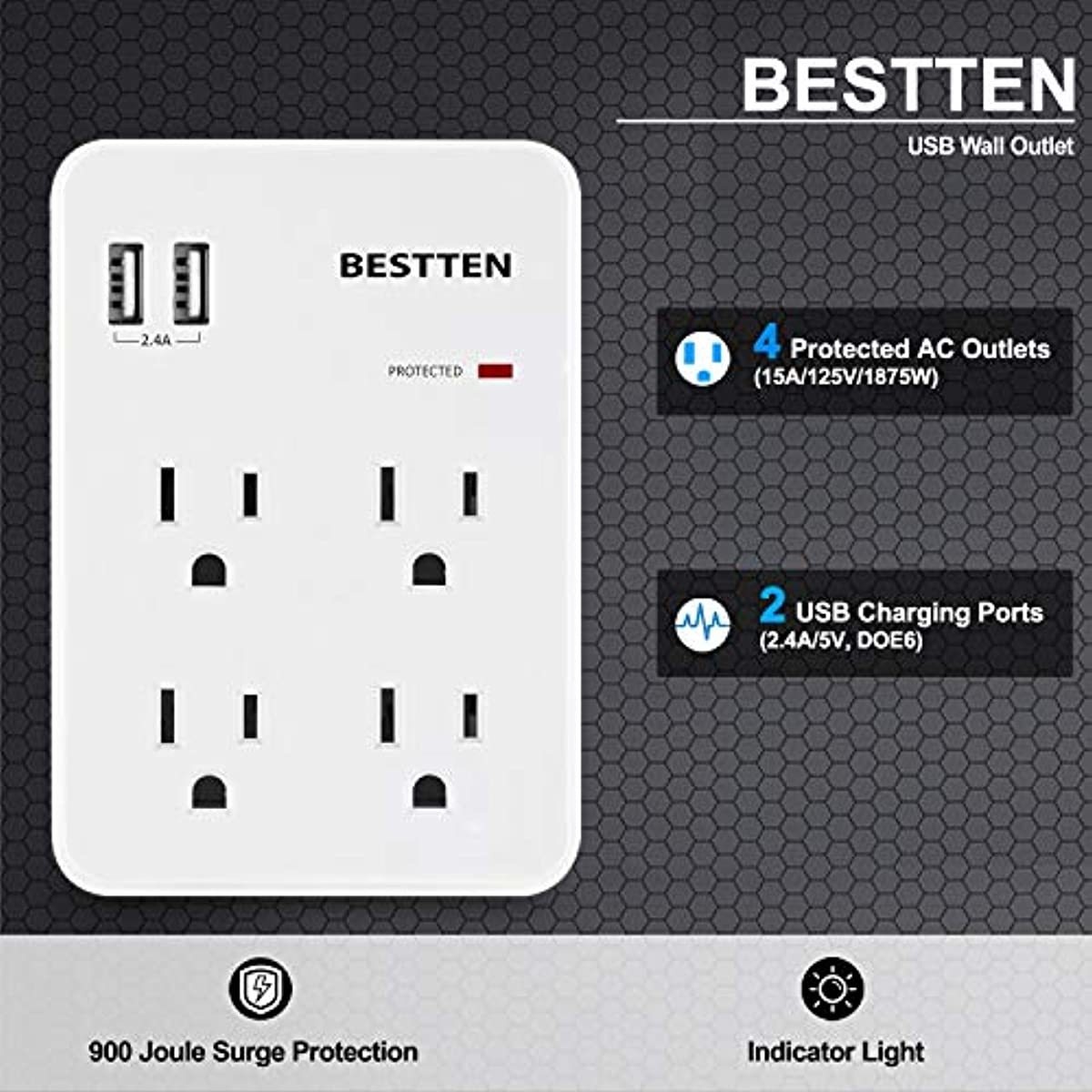 BESTTEN Wall Outlet Surge Protector with 2 USB Charging Ports (5V/2.4A) and 4 AC Outlets, 15A/125V/1875W, ETL Certified, White