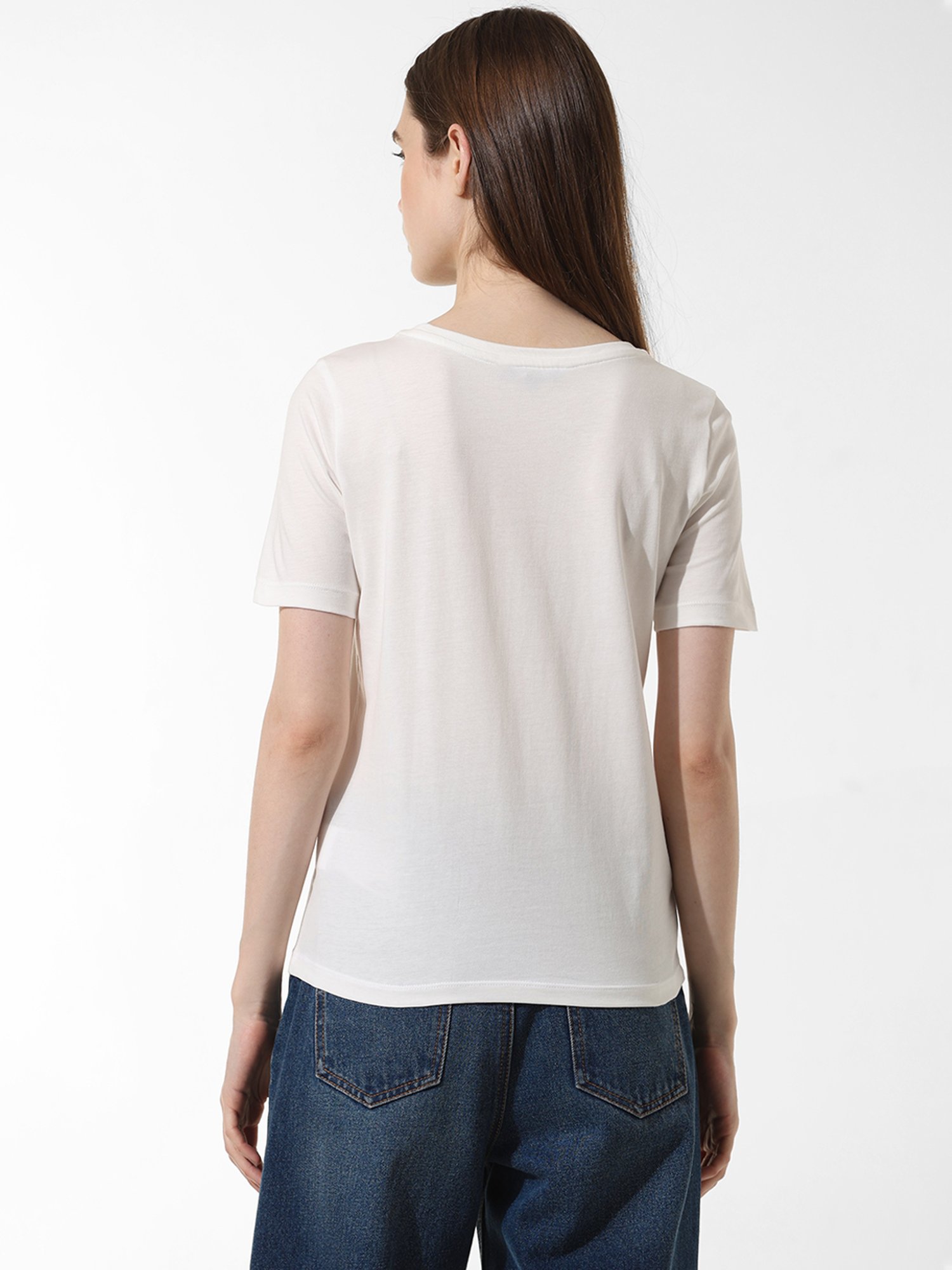 Only White & Black Cotton Graphic Print T-Shirt