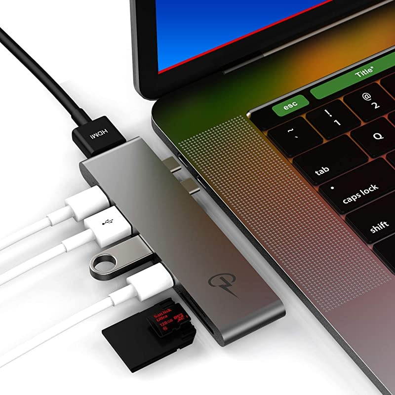 USB C Hub for MacBook Pro 16", 15", 13", 2020 (M1), 2019, 2018, MacBook Air 2020 (M1), 2019, 2018, 100W Power, HDMI 4K, 2 USB 3.0, microSD, SD card reader, USB C port. MacBar USBC Adapter.