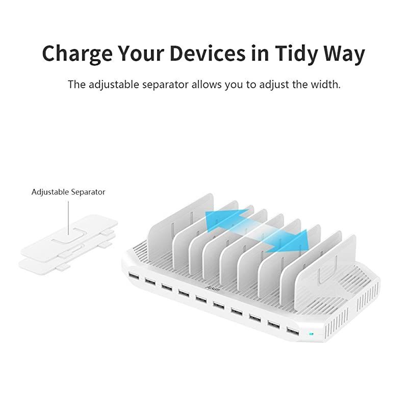 iPad Charging Station 96W 10-Port  USB Charging Station Multiple Device USB Charger with Smart IC Tech, Organizer Stand for iPhone X, Xs Max,8,7,6, Samsung Google Nexus LG, Tablets, White
